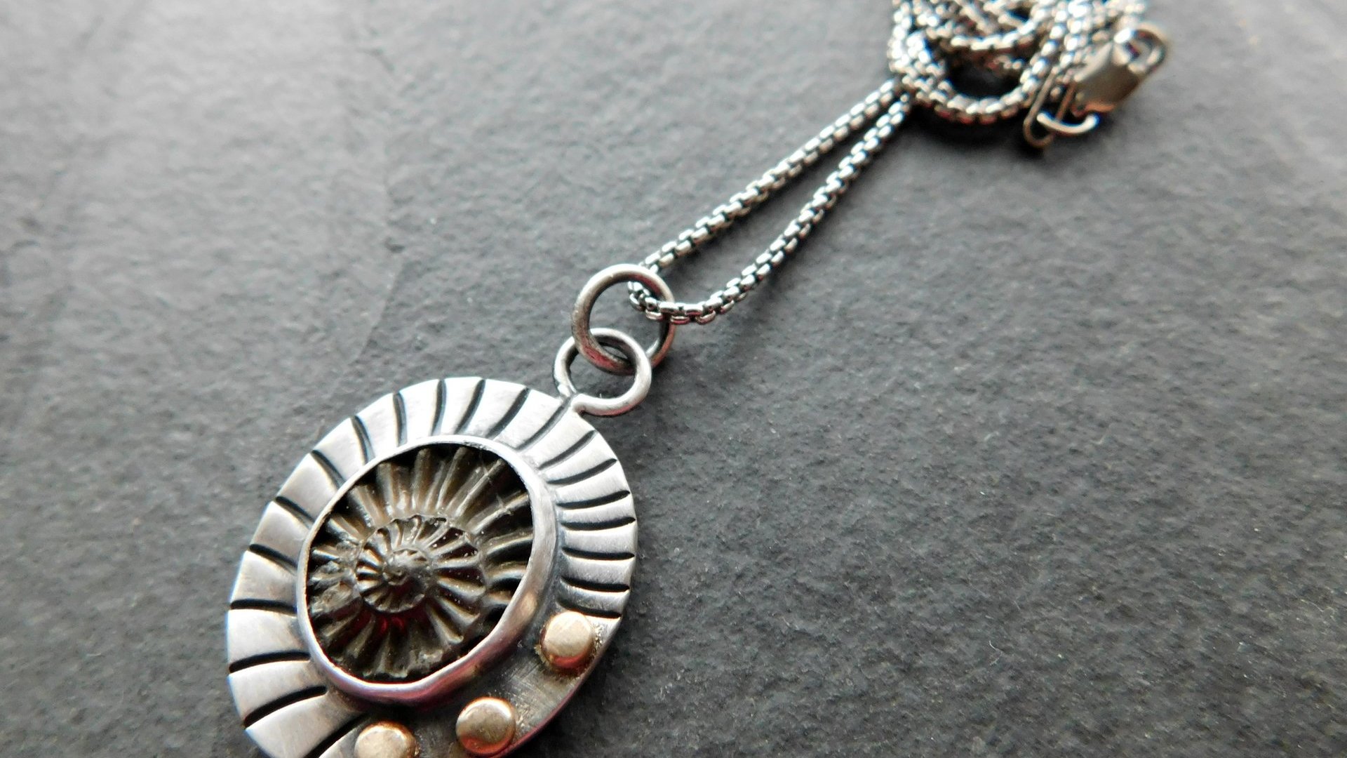 Pyritized Ammonite Negative Stone Stamped Sterling Silver 14k Gold Mixed Metal Pendant Necklace