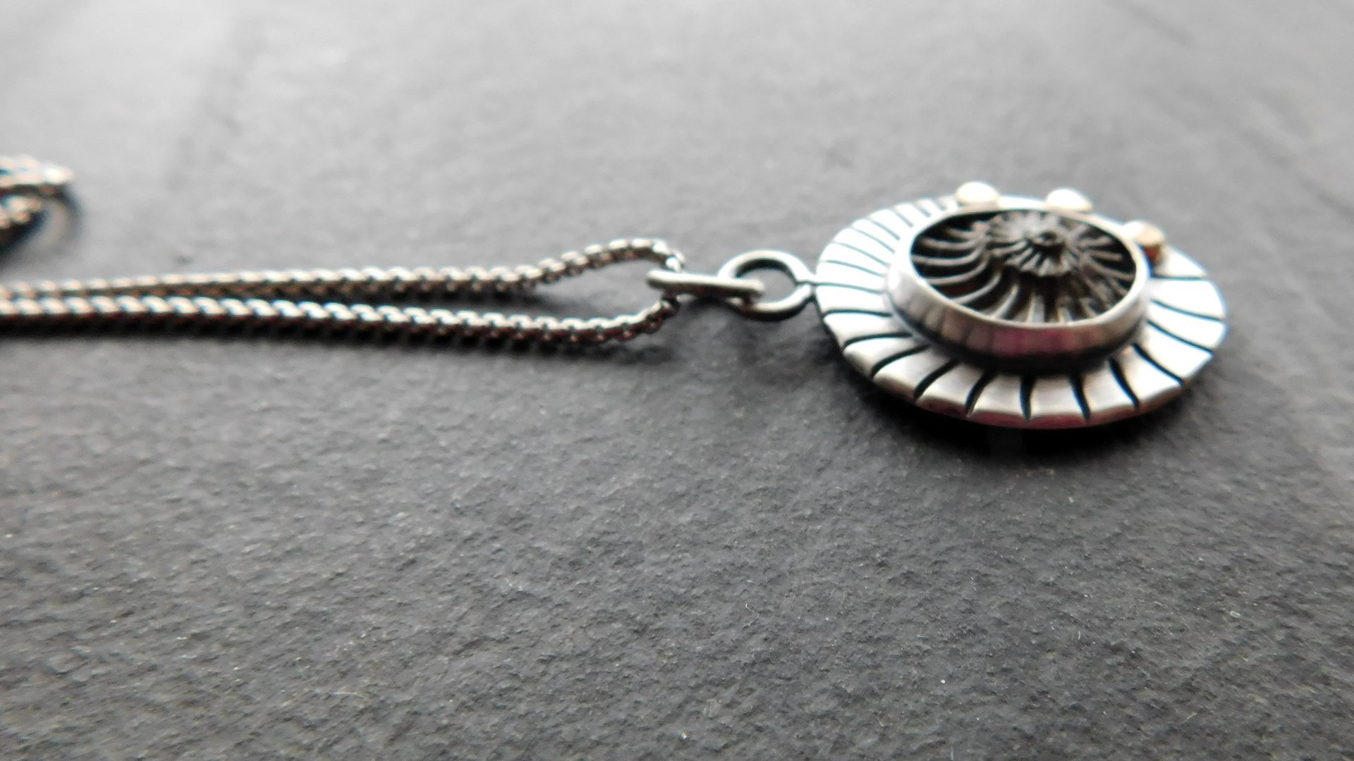 Pyritized Ammonite Negative Stone Stamped Sterling Silver 14k Gold Mixed Metal Pendant Necklace