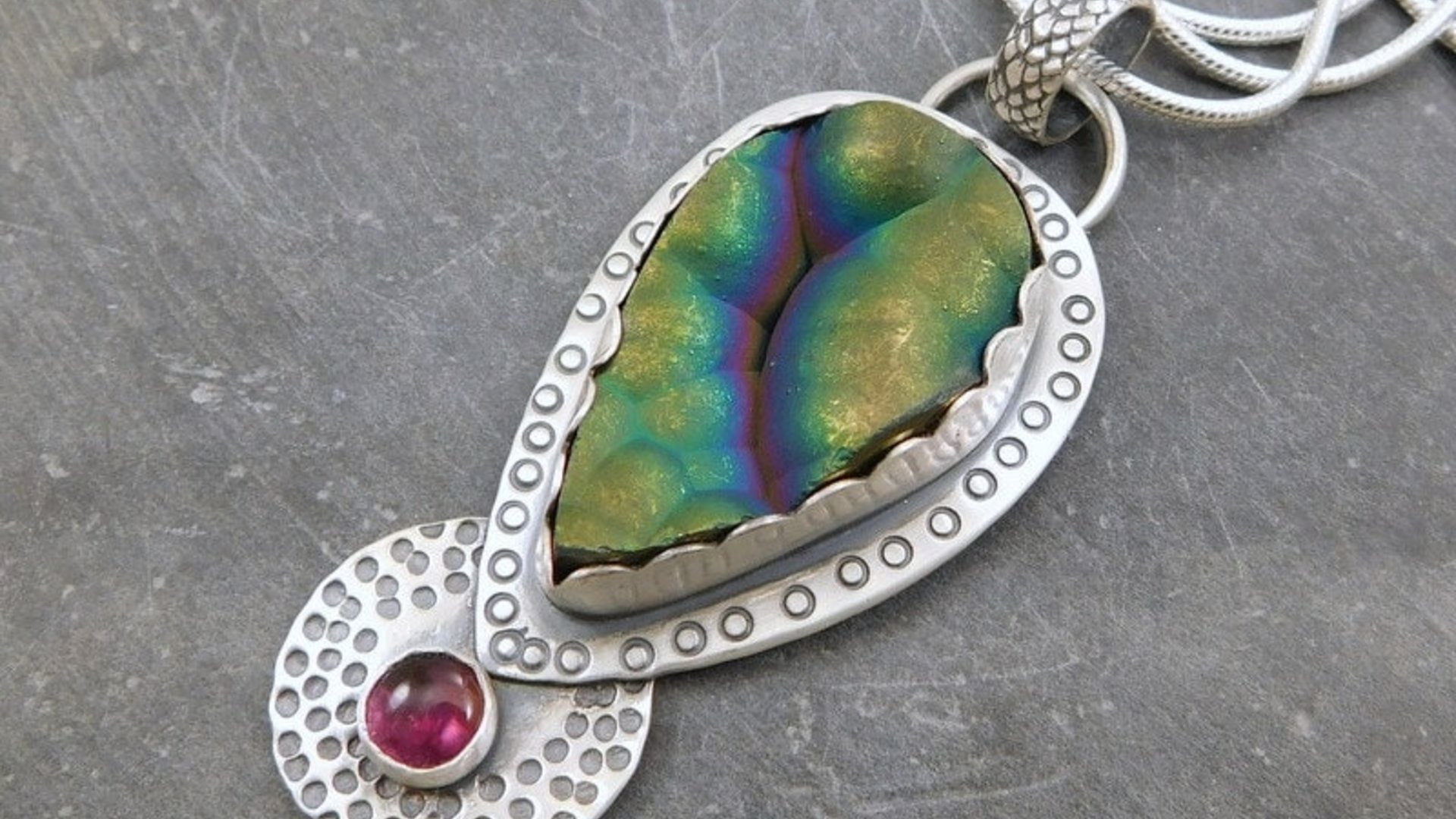 Botryoidal Agate Pink Tourmaline Multi Stone Pendant, Oxidized Sterling Silver, Neon Colors, Pink Green Stones, Hand Stamped