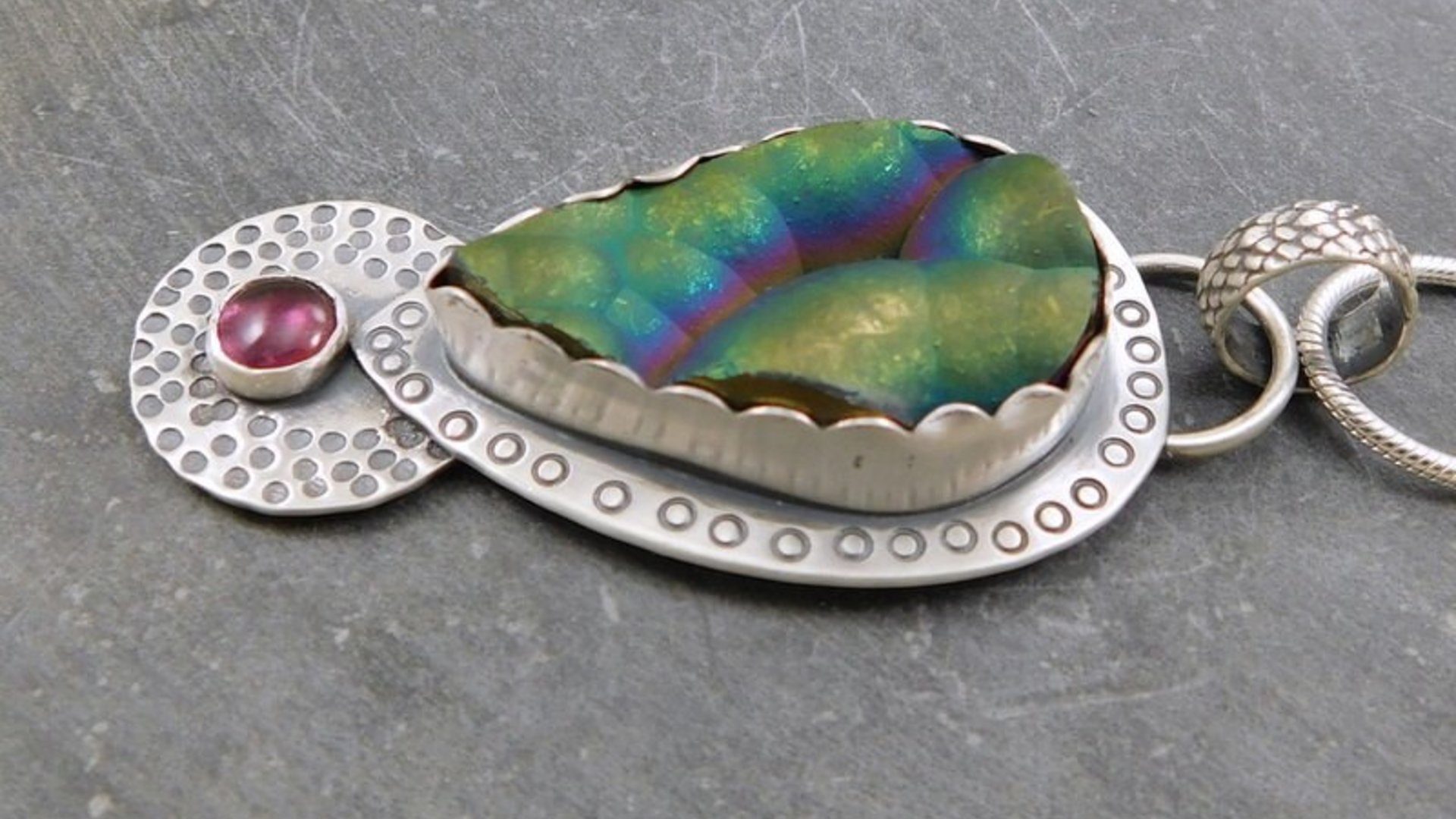 Botryoidal Agate Pink Tourmaline Multi Stone Pendant, Oxidized Sterling Silver, Neon Colors, Pink Green Stones, Hand Stamped