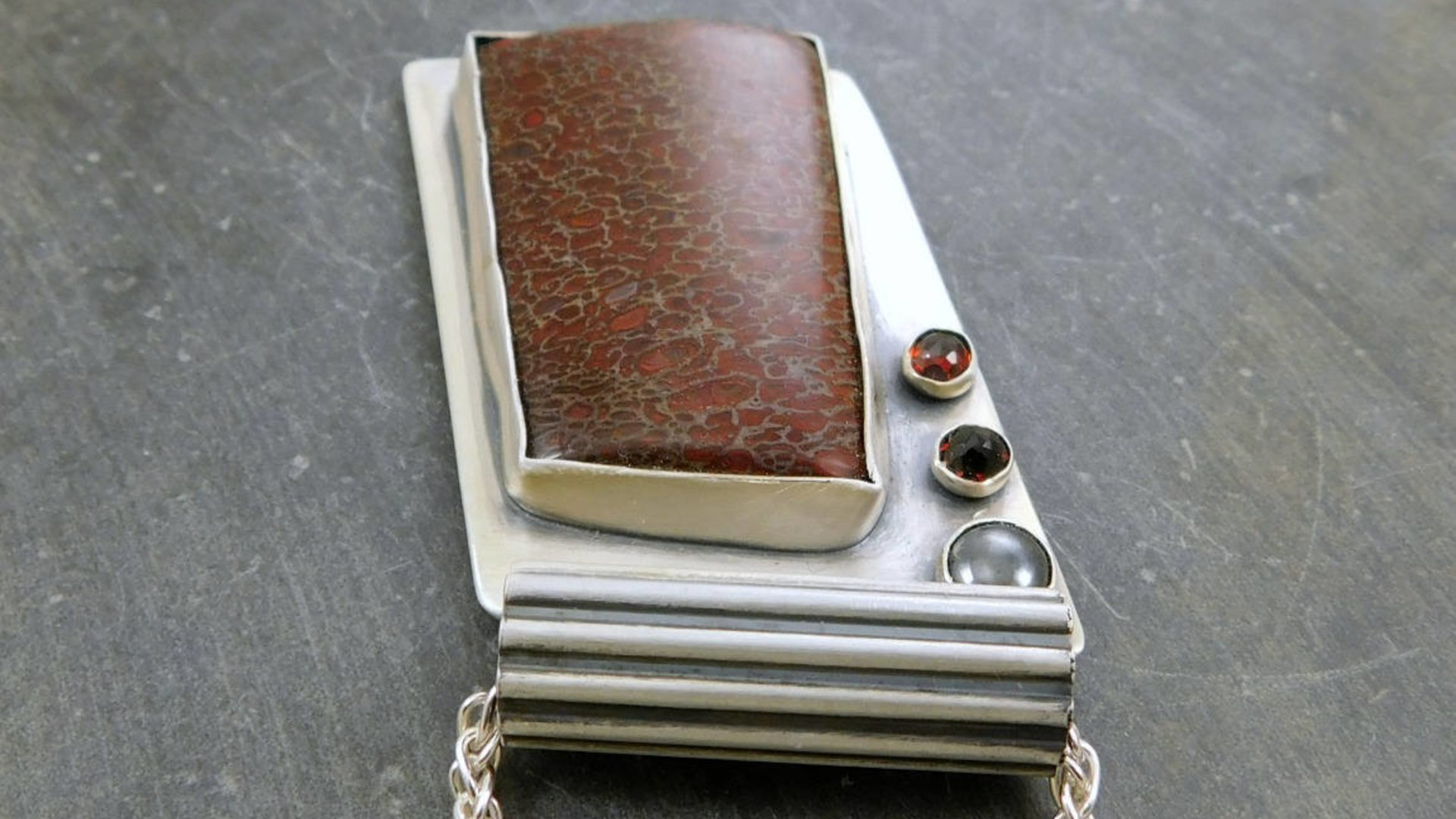 Dinosaur Bone Garnet Hematite Pendant, Oxidized Sterling Silver, Multi Stone Necklace, Modernist Industrial Stone Pendant