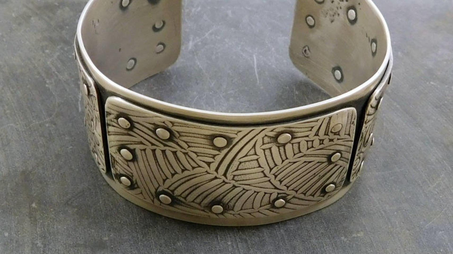 Mixed Pattern Riveted Cuff, Oxidized Sterling Silver, Ornate Metal Hardware Statement Bracelet