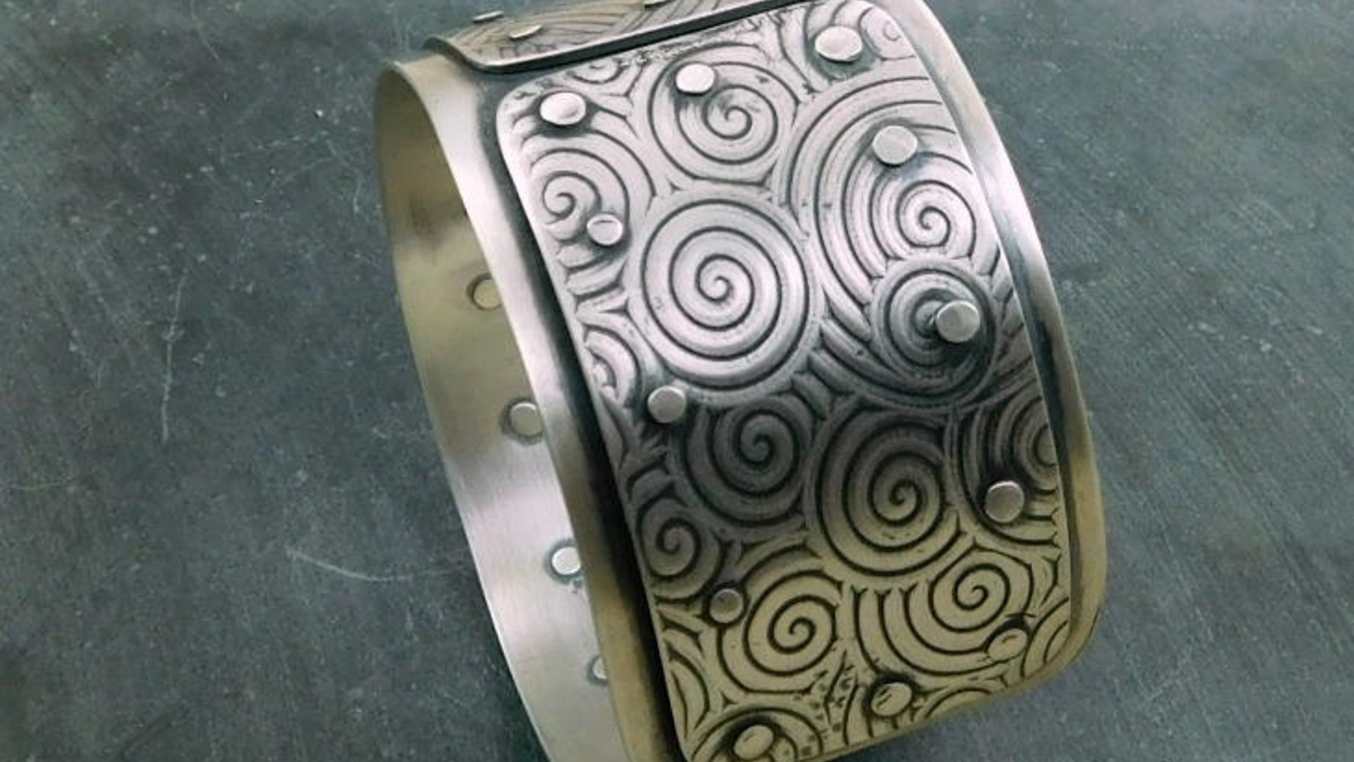 Mixed Pattern Riveted Cuff, Oxidized Sterling Silver, Ornate Metal Hardware Statement Bracelet