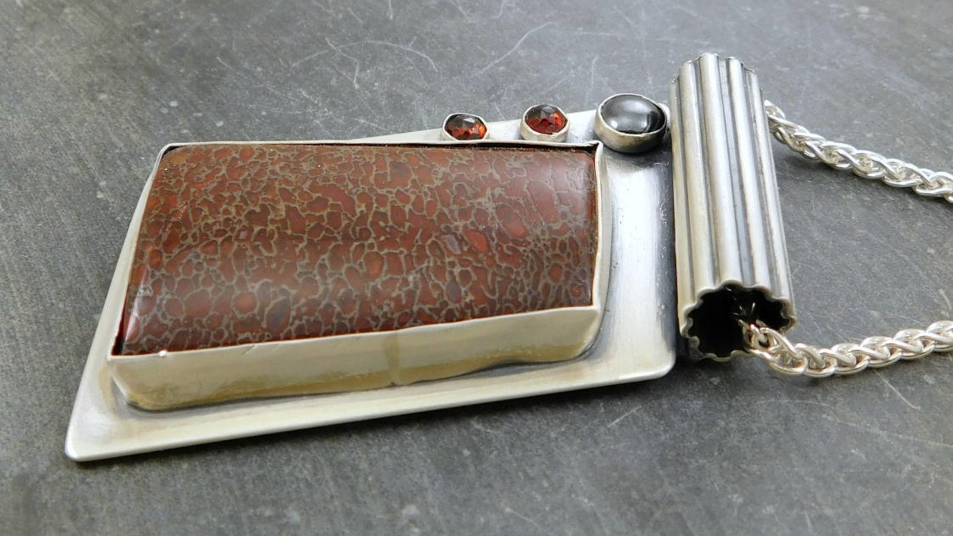 Dinosaur Bone Garnet Hematite Pendant, Oxidized Sterling Silver, Multi Stone Necklace, Modernist Industrial Stone Pendant