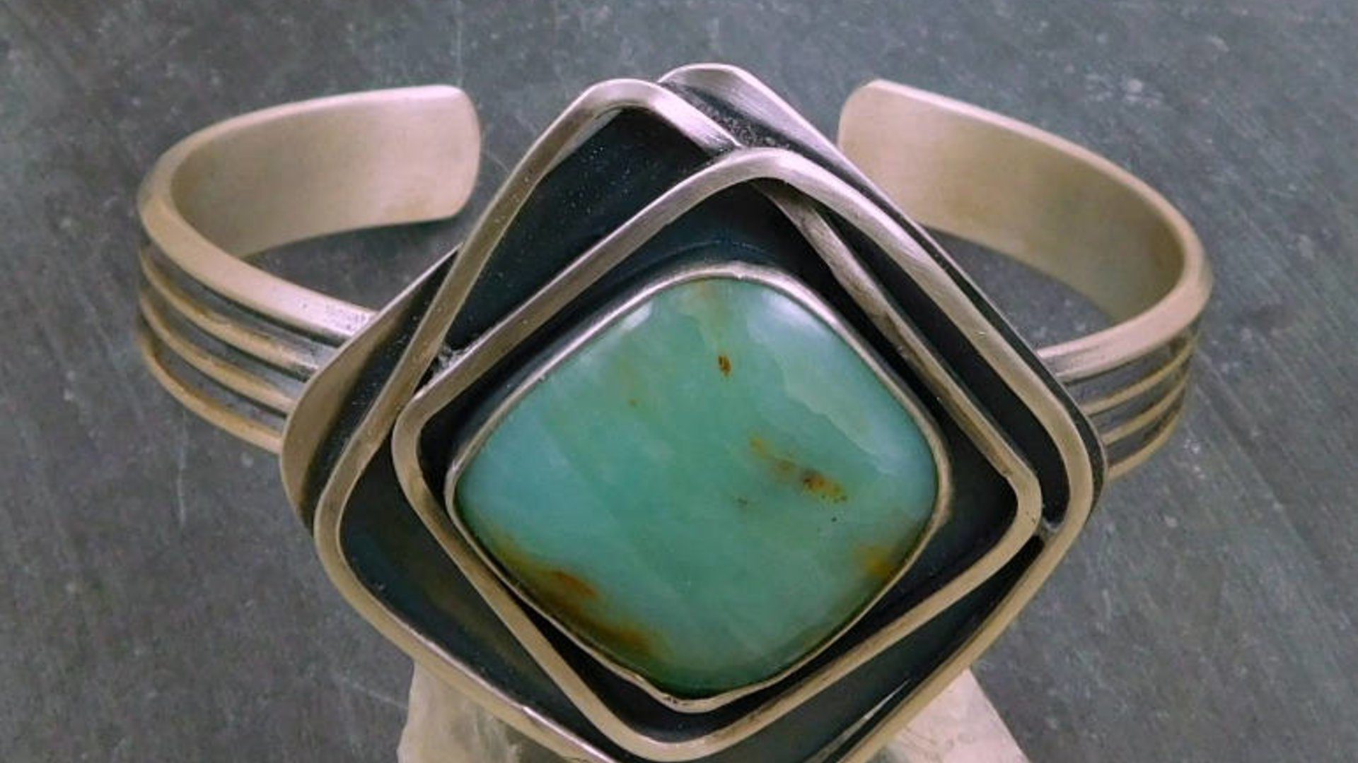 Peruvian Blue Opal Statement Cuff, Oxidized Sterling Silver, Geometric Wire Stone Bracelet