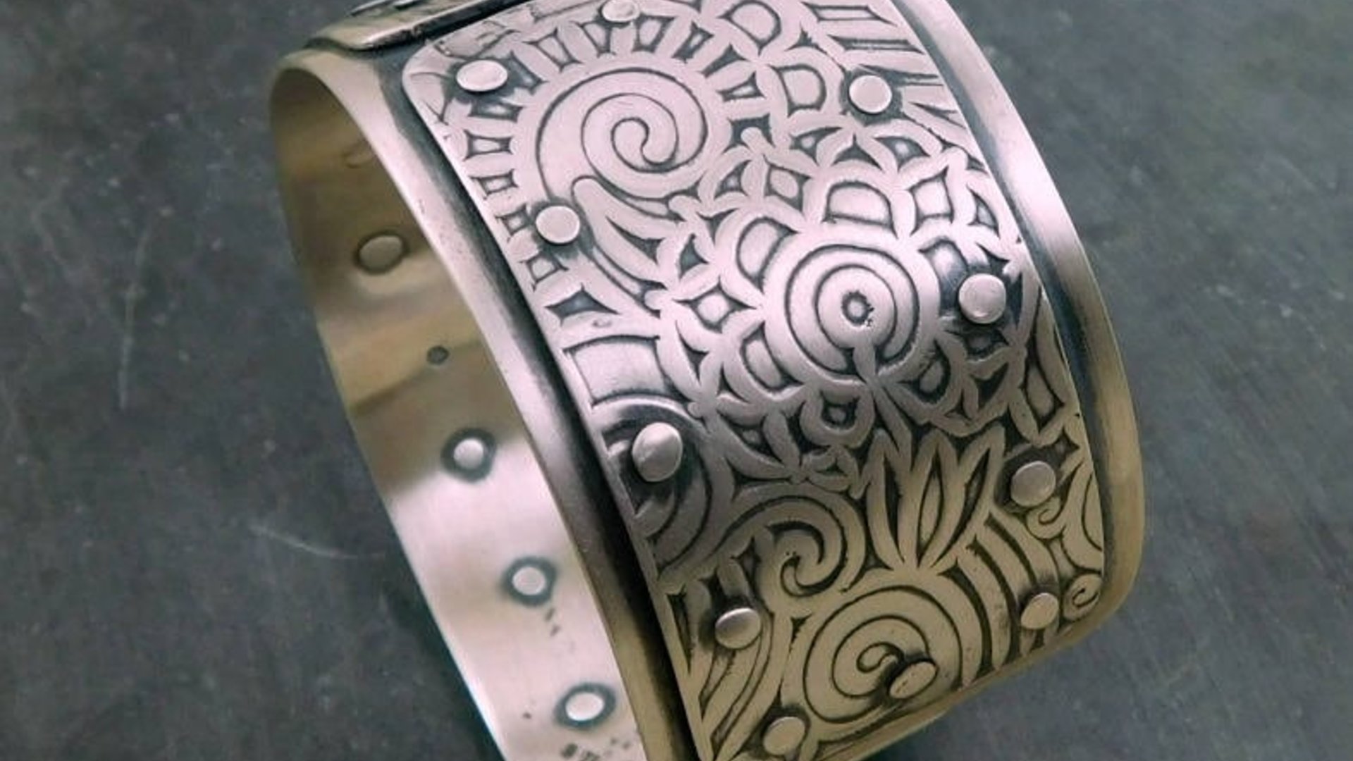 Mixed Pattern Riveted Cuff, Oxidized Sterling Silver, Ornate Metal Hardware Statement Bracelet