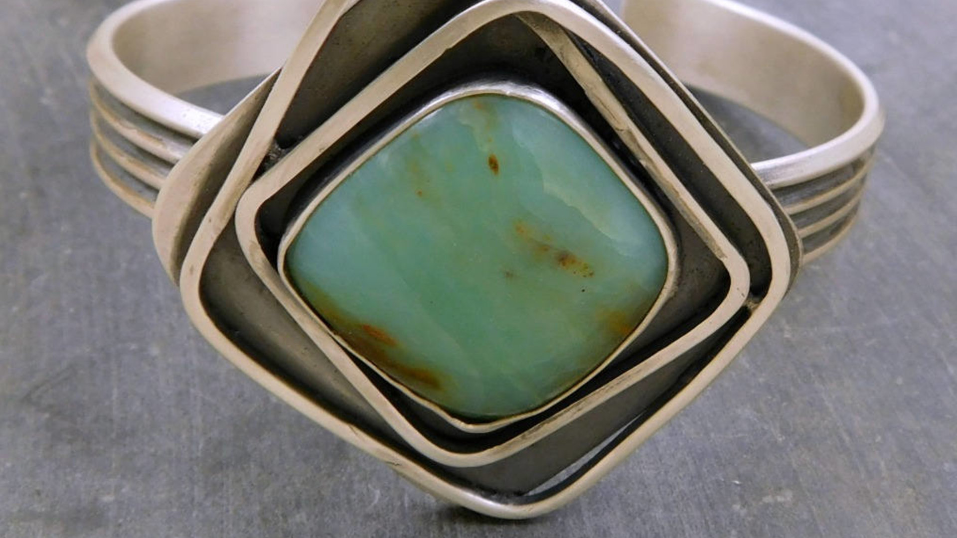 Peruvian Blue Opal Statement Cuff, Oxidized Sterling Silver, Geometric Wire Stone Bracelet