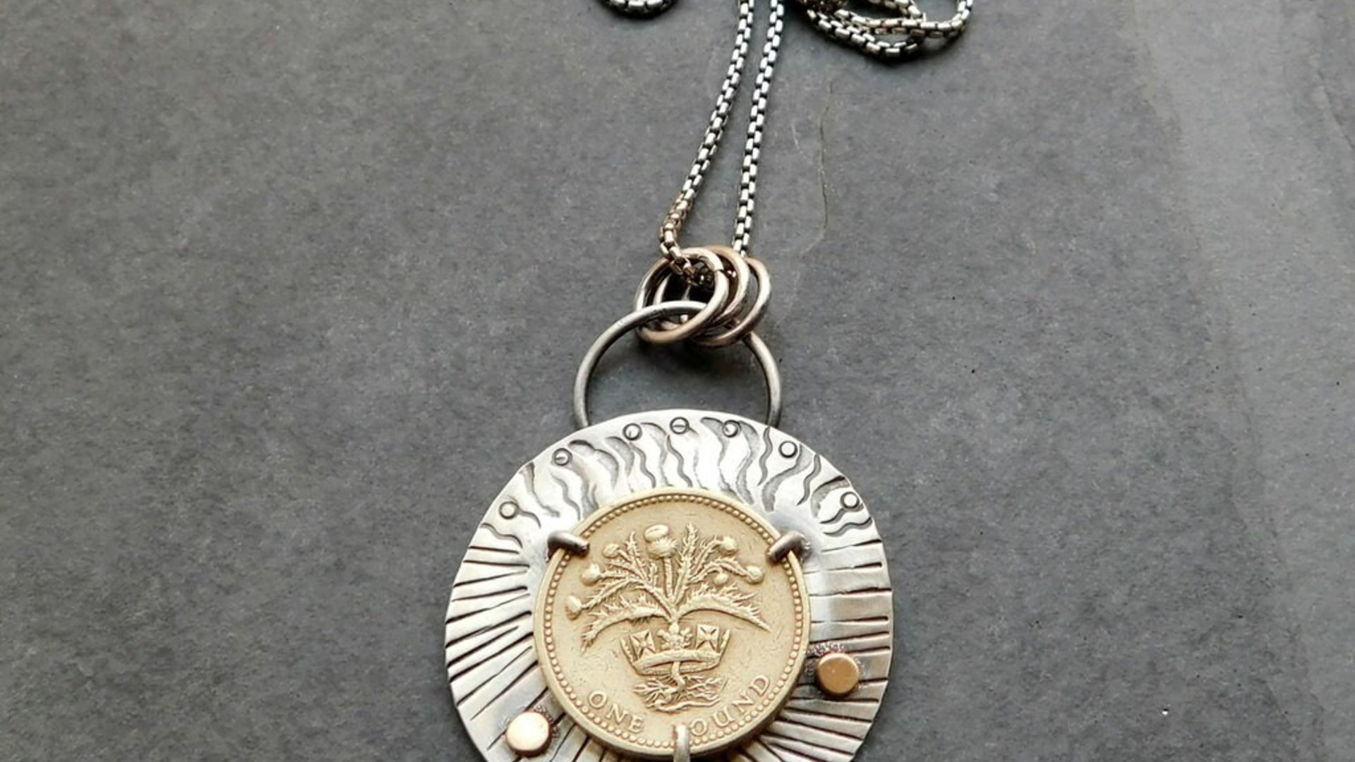British Pound Coin Sterling Silver 14k Gold Stamped Pendant, Vintage Coin Modernist Hand Fabricated Necklace