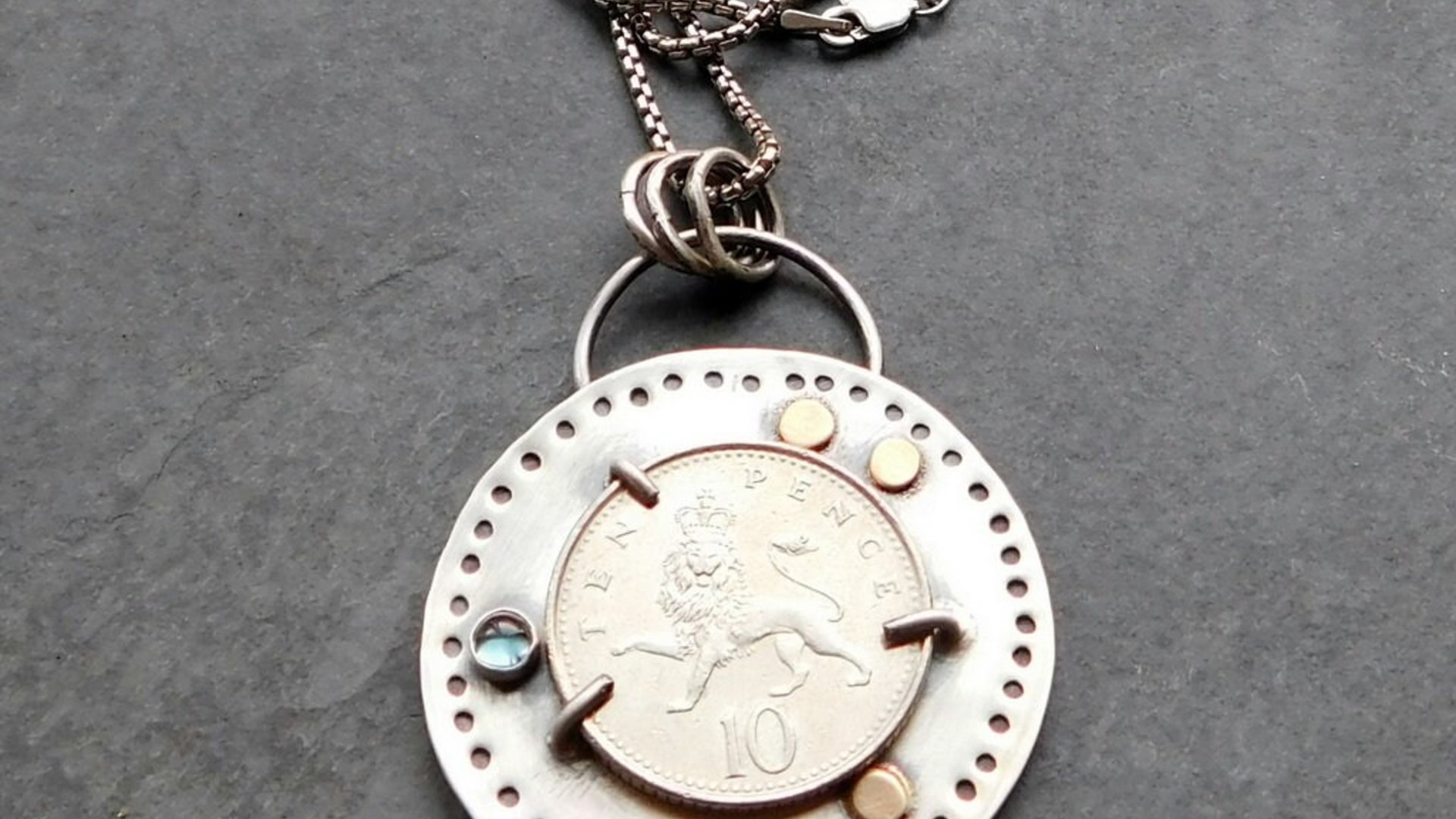 British Ten Pence Coin London Blue Topaz Sterling Silver Pendant, Silver Gold Coin Jewelry