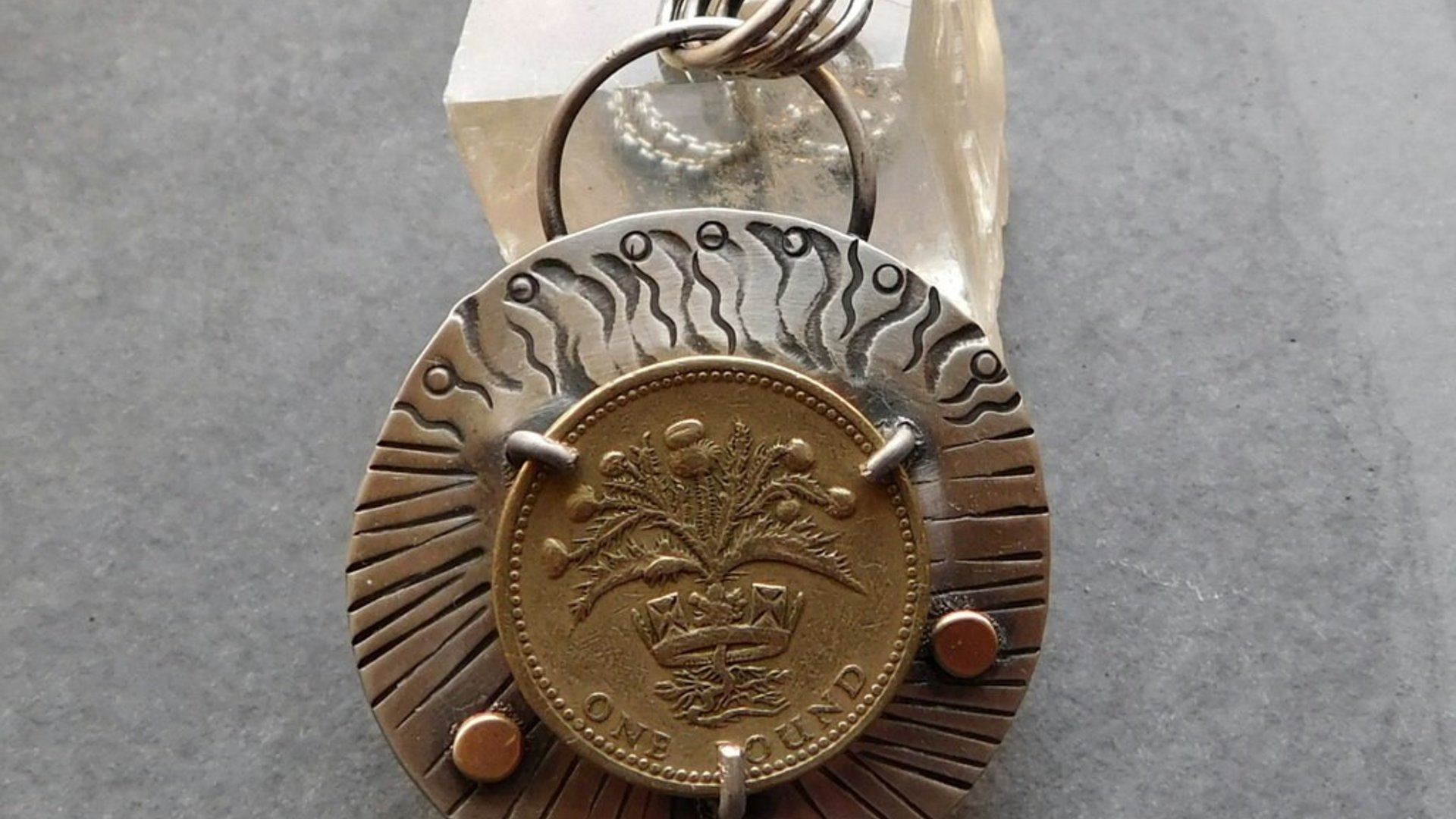 British Pound Coin Sterling Silver 14k Gold Stamped Pendant, Vintage Coin Modernist Hand Fabricated Necklace