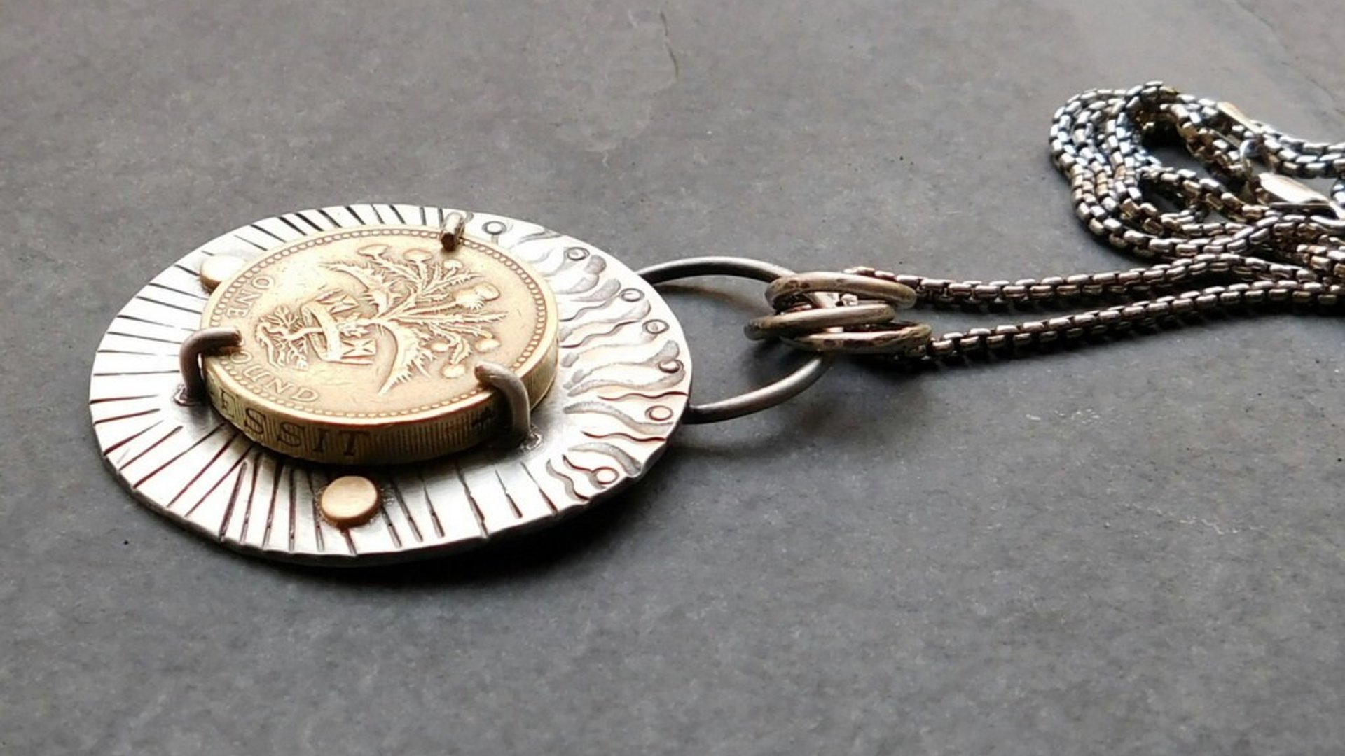 British Pound Coin Sterling Silver 14k Gold Stamped Pendant, Vintage Coin Modernist Hand Fabricated Necklace