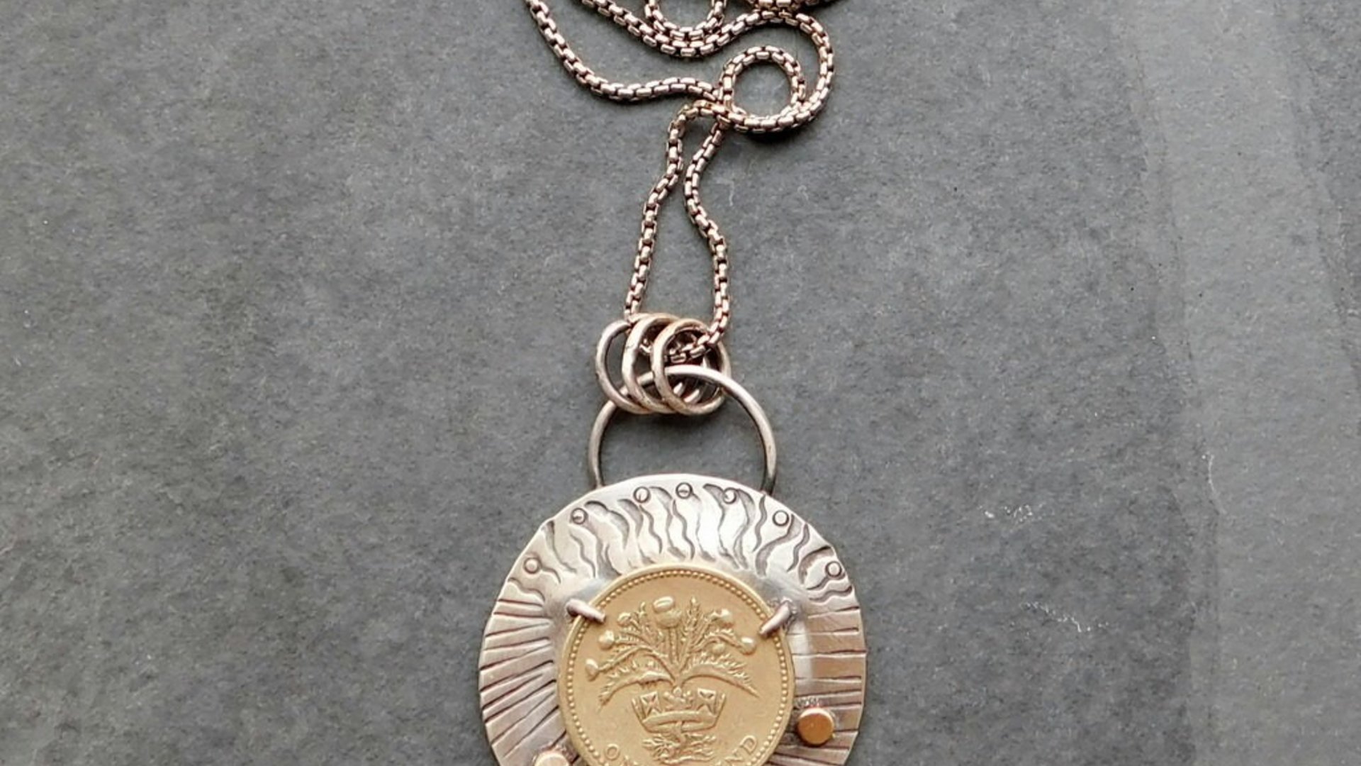 British Pound Coin Sterling Silver 14k Gold Stamped Pendant, Vintage Coin Modernist Hand Fabricated Necklace