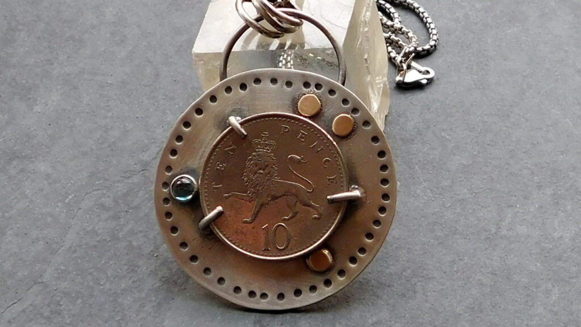 British Ten Pence Coin London Blue Topaz Sterling Silver Pendant, Silver Gold Coin Jewelry