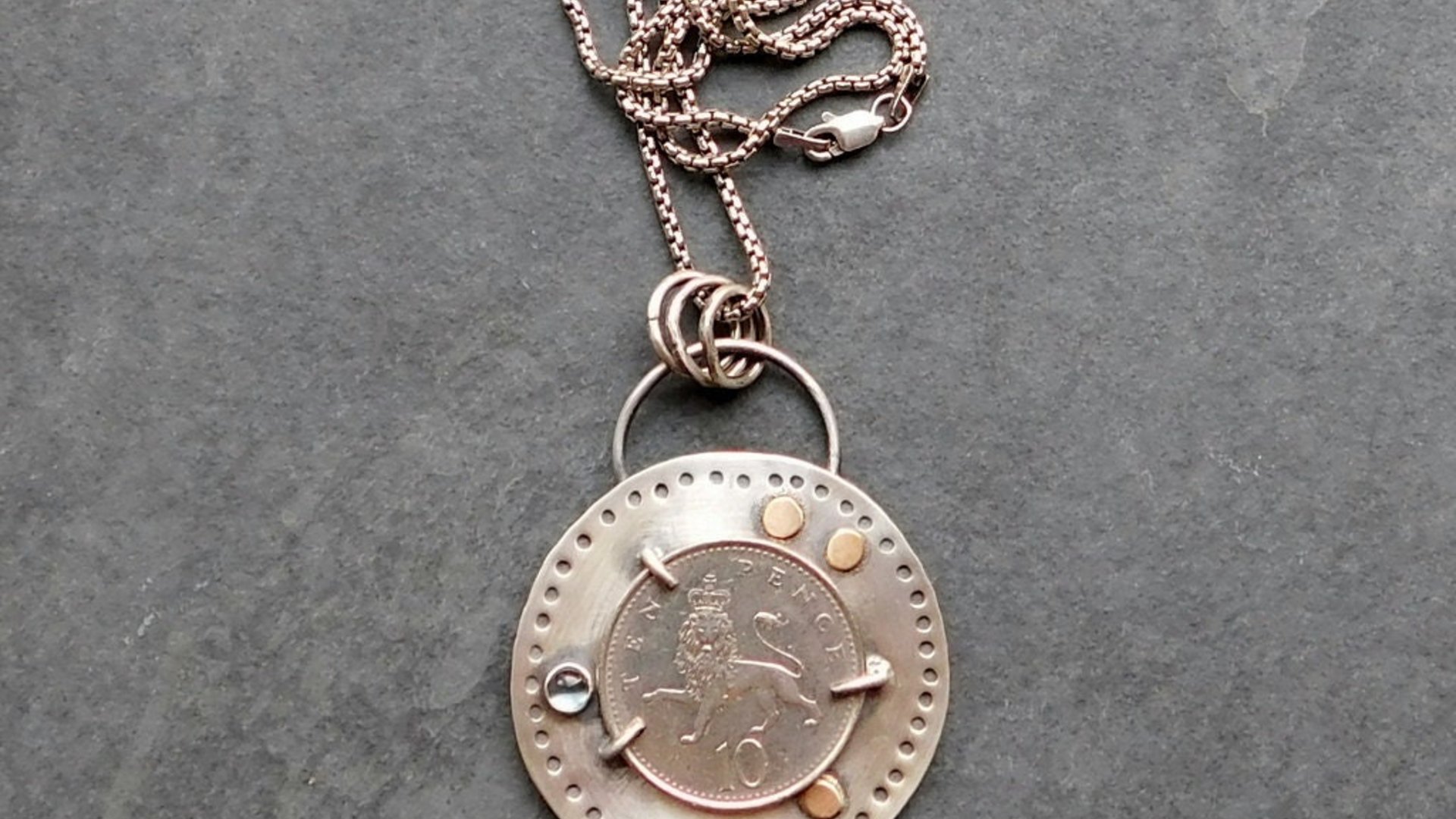 British Ten Pence Coin London Blue Topaz Sterling Silver Pendant, Silver Gold Coin Jewelry