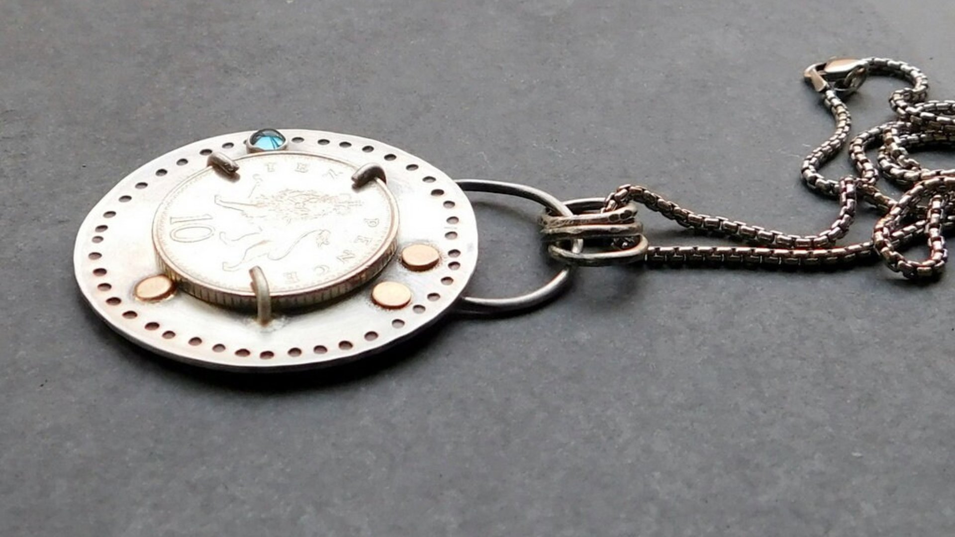 British Ten Pence Coin London Blue Topaz Sterling Silver Pendant, Silver Gold Coin Jewelry