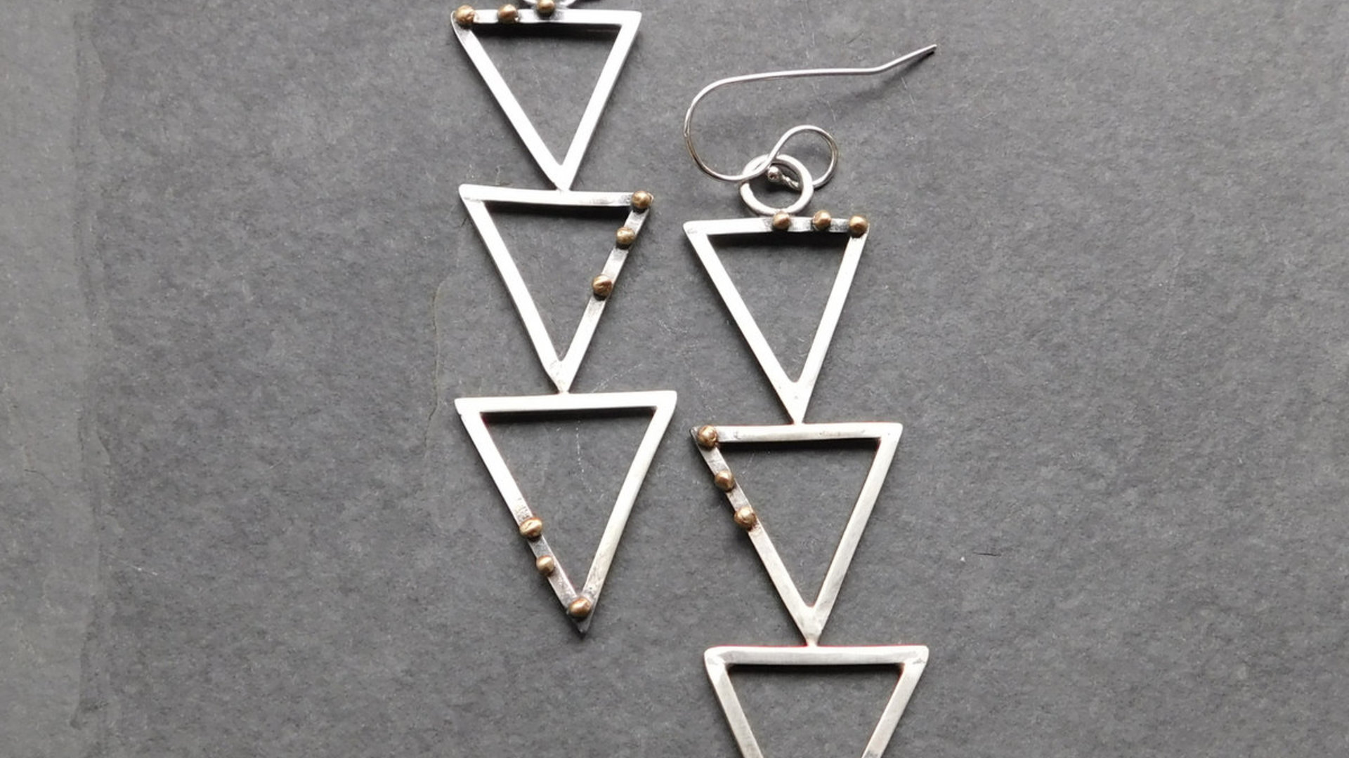Geometric Cascading Triangle Earrings, Oxidized Sterling Silver, 14K Gold, Mixed Metal Modernist Earrings
