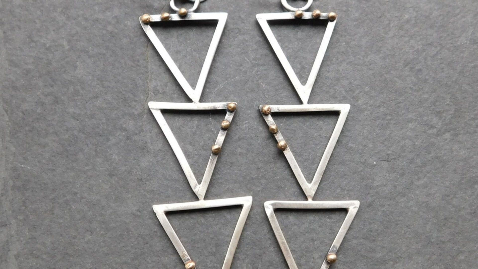 Geometric Cascading Triangle Earrings, Oxidized Sterling Silver, 14K Gold, Mixed Metal Modernist Earrings