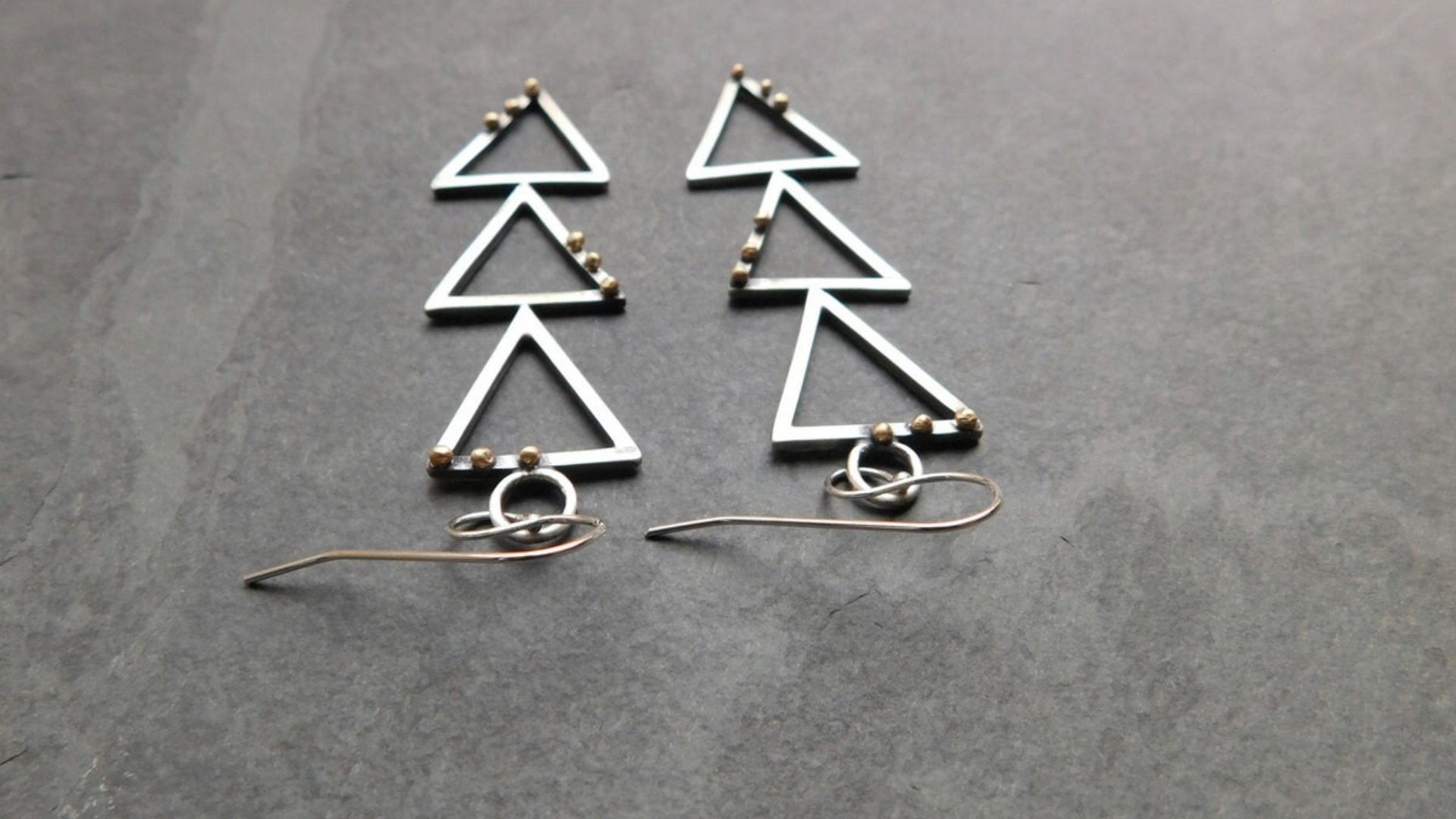 Geometric Cascading Triangle Earrings, Oxidized Sterling Silver, 14K Gold, Mixed Metal Modernist Earrings