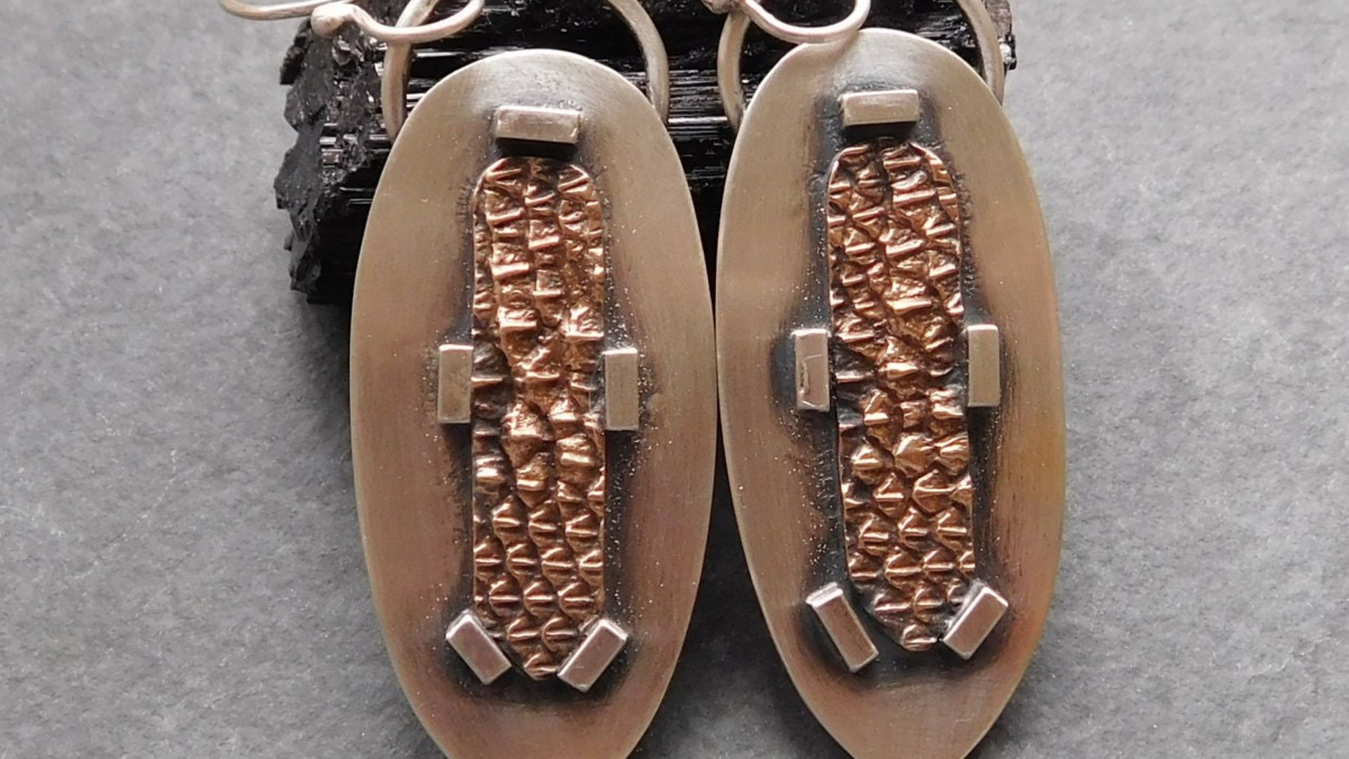 Sterling Silver Bronze Lizard Skin Mod Industrial Earrings, Mixed Metal Textured Dangles