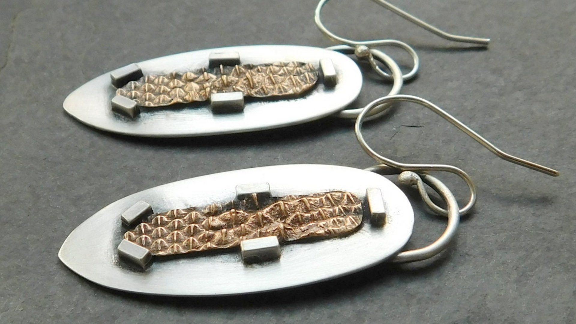 Sterling Silver Bronze Lizard Skin Mod Industrial Earrings, Mixed Metal Textured Dangles