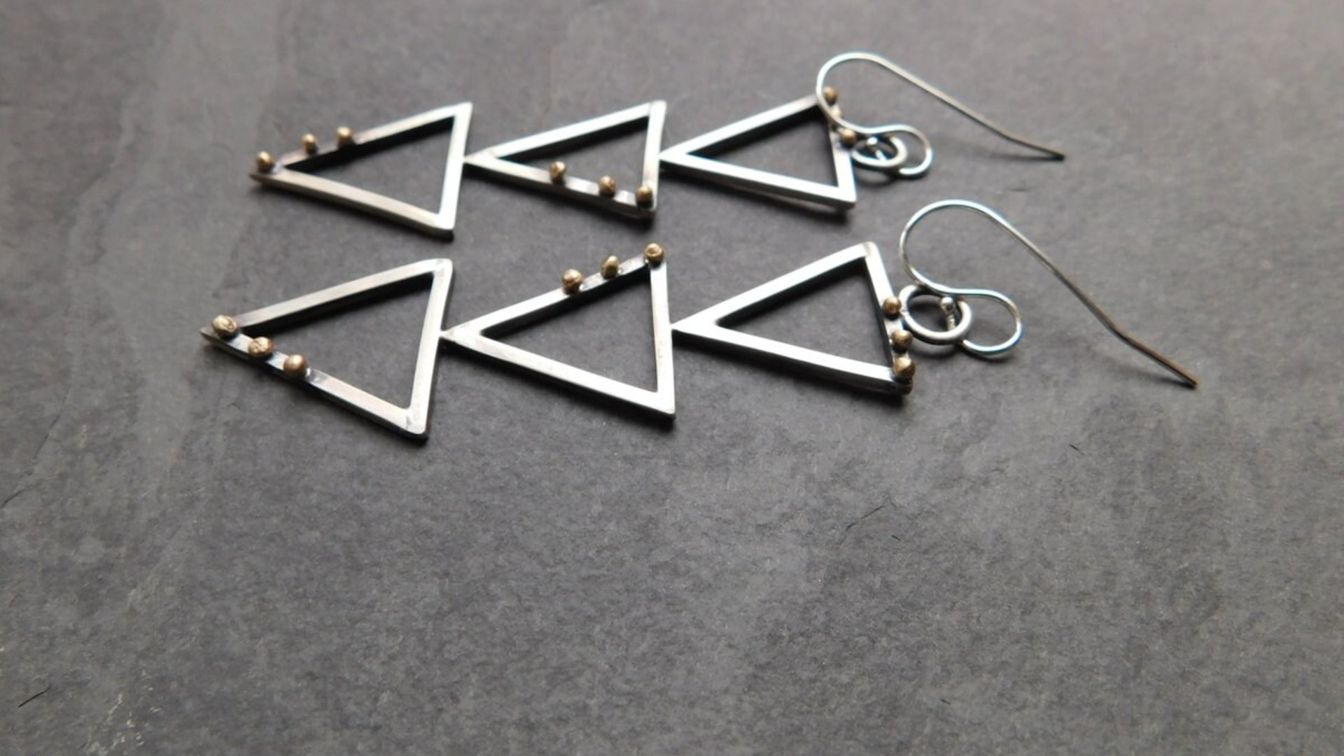 Geometric Cascading Triangle Earrings, Oxidized Sterling Silver, 14K Gold, Mixed Metal Modernist Earrings