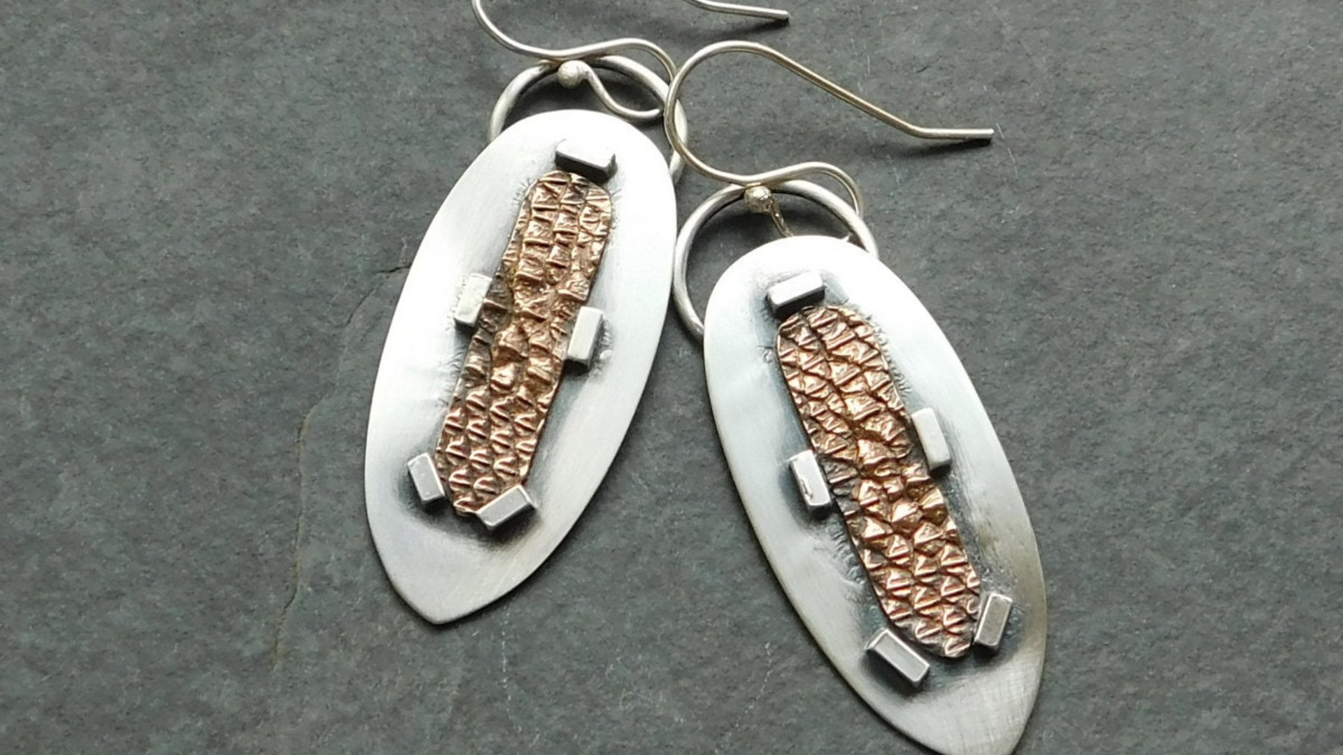 Sterling Silver Bronze Lizard Skin Mod Industrial Earrings, Mixed Metal Textured Dangles