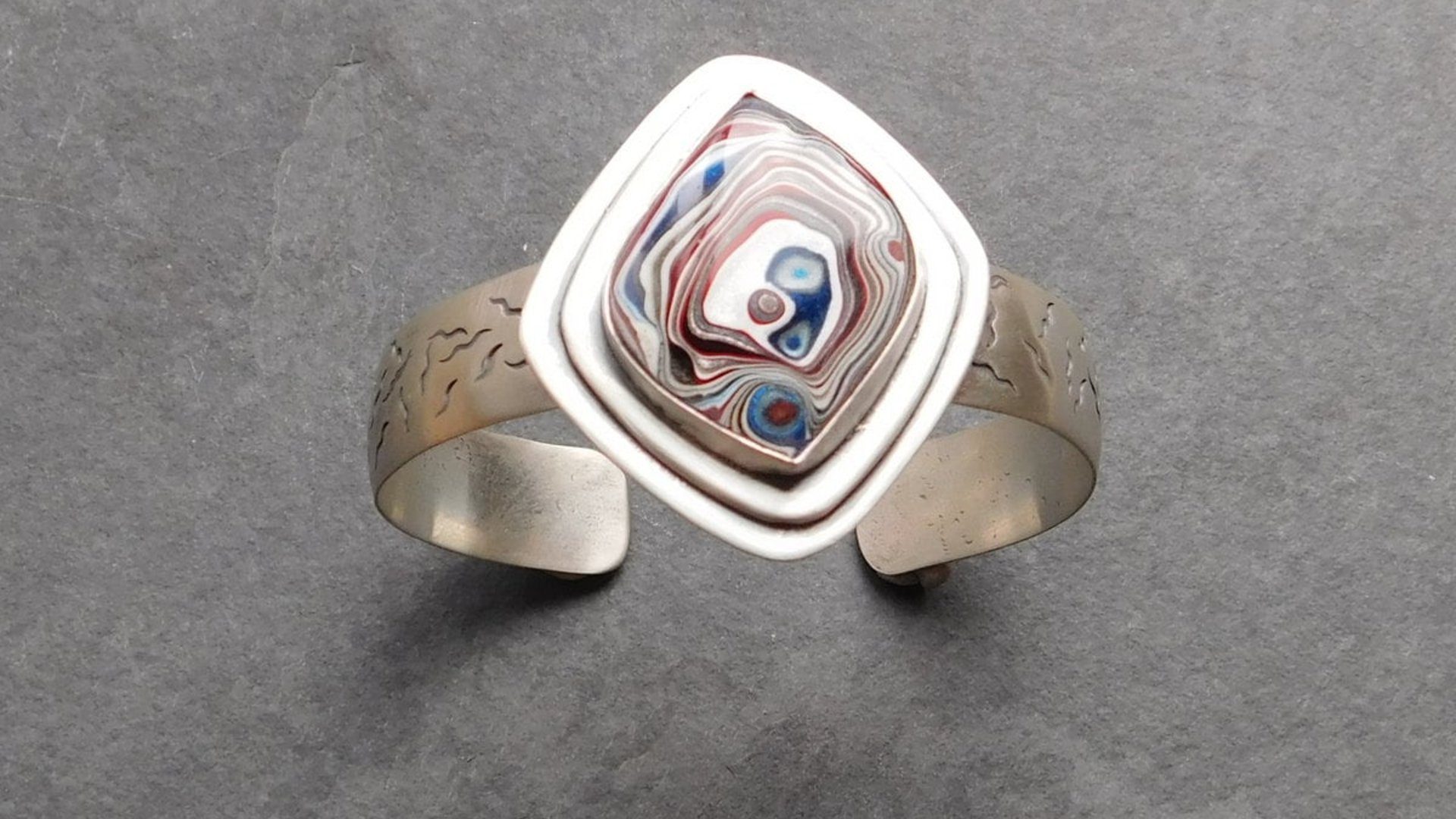 Fordite Modernist Cuff, Oxidized Sterling Silver, Detroit Fordite Bracelet
