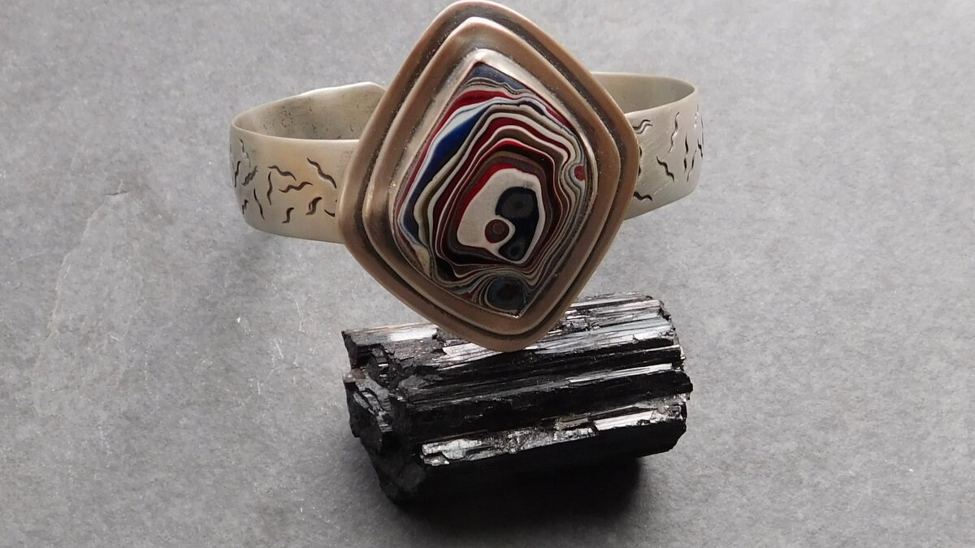 Fordite Modernist Cuff, Oxidized Sterling Silver, Detroit Fordite Bracelet