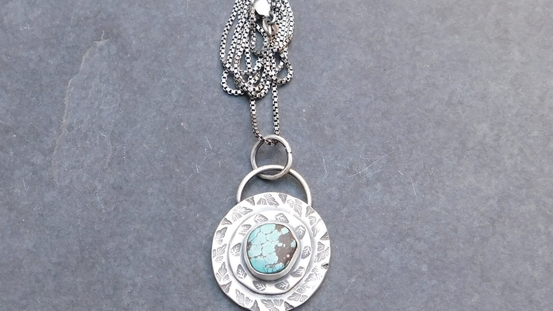 Hubei Turquoise Stamped Sterling Silver Pendant, Modern Southwestern Jewelry, Hand Fabricated Turquoise Necklace