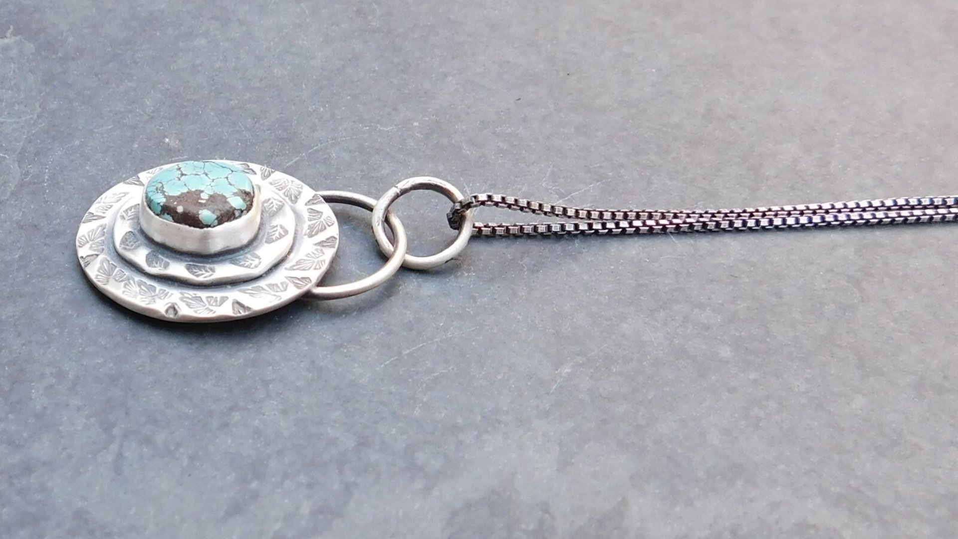 Hubei Turquoise Stamped Sterling Silver Pendant, Modern Southwestern Jewelry, Hand Fabricated Turquoise Necklace