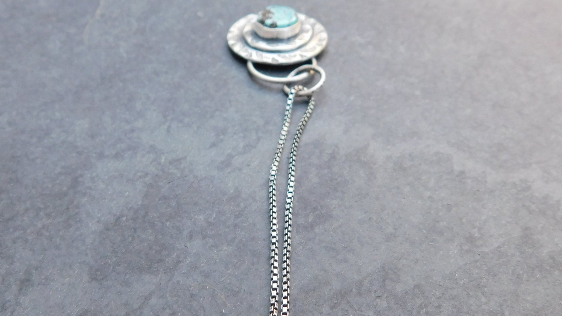 Hubei Turquoise Stamped Sterling Silver Pendant, Modern Southwestern Jewelry, Hand Fabricated Turquoise Necklace