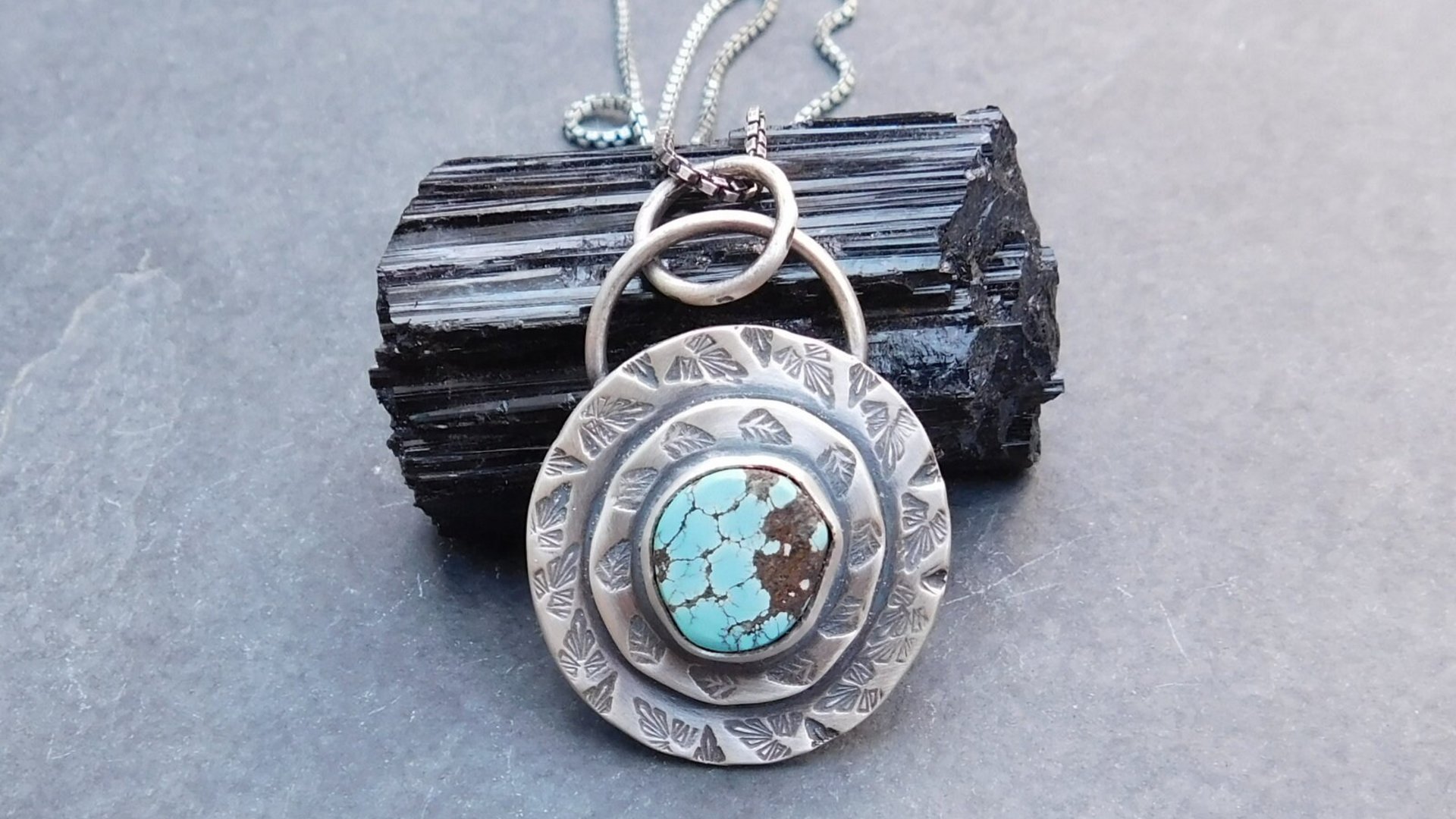 Hubei Turquoise Stamped Sterling Silver Pendant, Modern Southwestern Jewelry, Hand Fabricated Turquoise Necklace