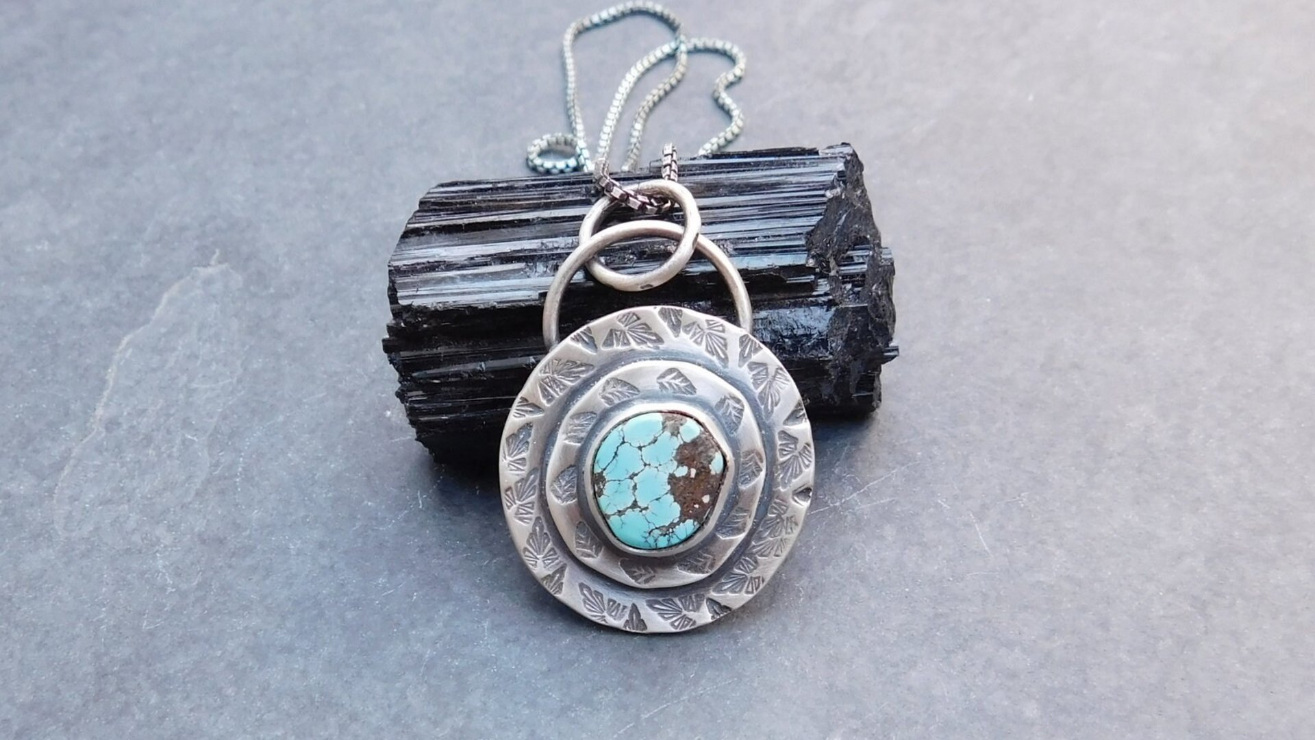 Hubei Turquoise Stamped Sterling Silver Pendant, Modern Southwestern Jewelry, Hand Fabricated Turquoise Necklace