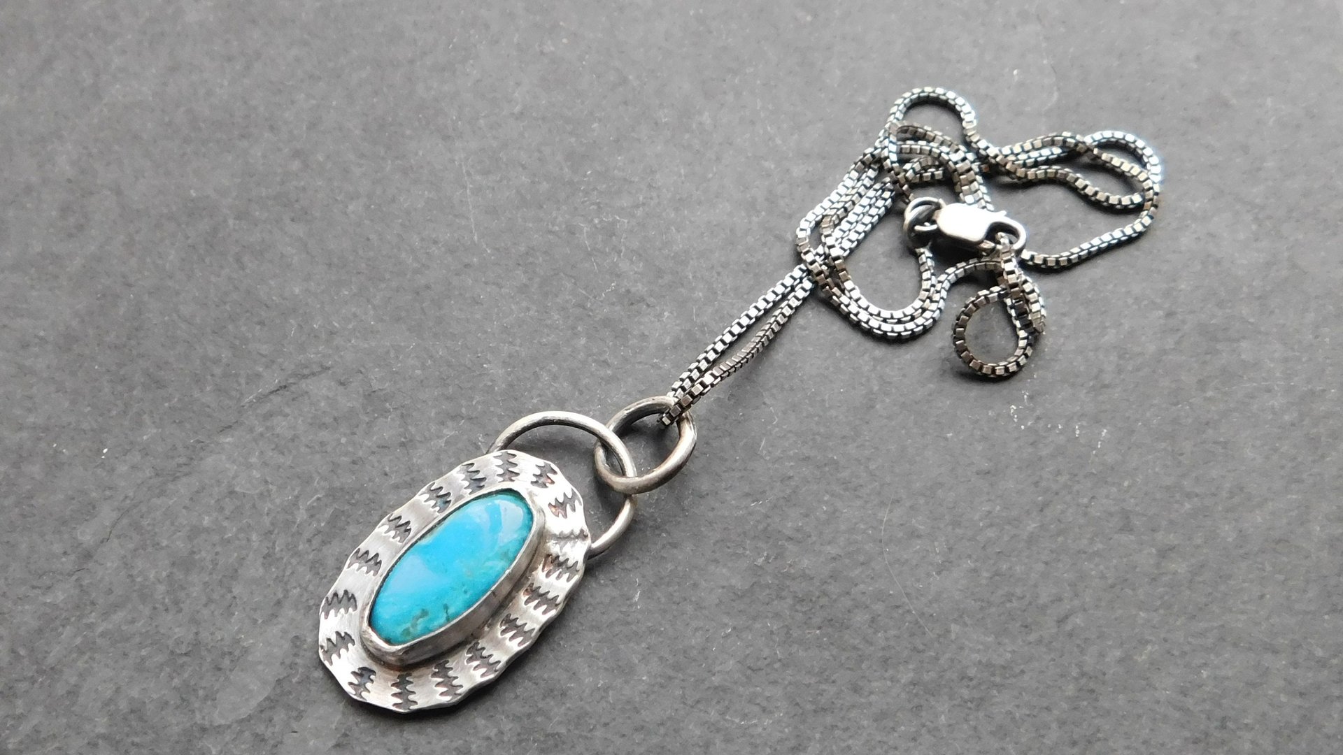 American Turquoise Sterling Silver Stamped Pendant, Kingman Turquoise Boho Necklace
