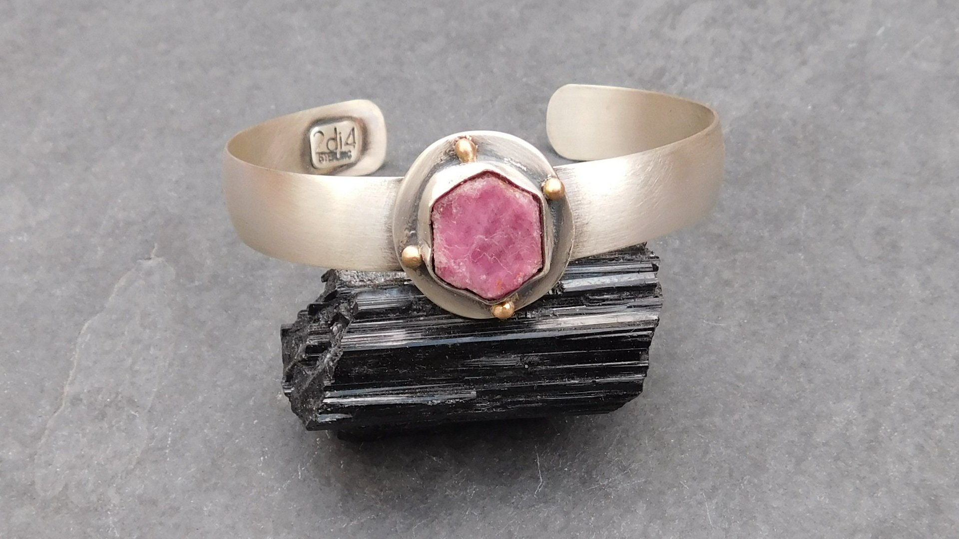 Raw Ruby Mineral Sterling Silver 14K Gold Cuff, Crystal Jewelry, Natural Ruby Statement Bracelet
