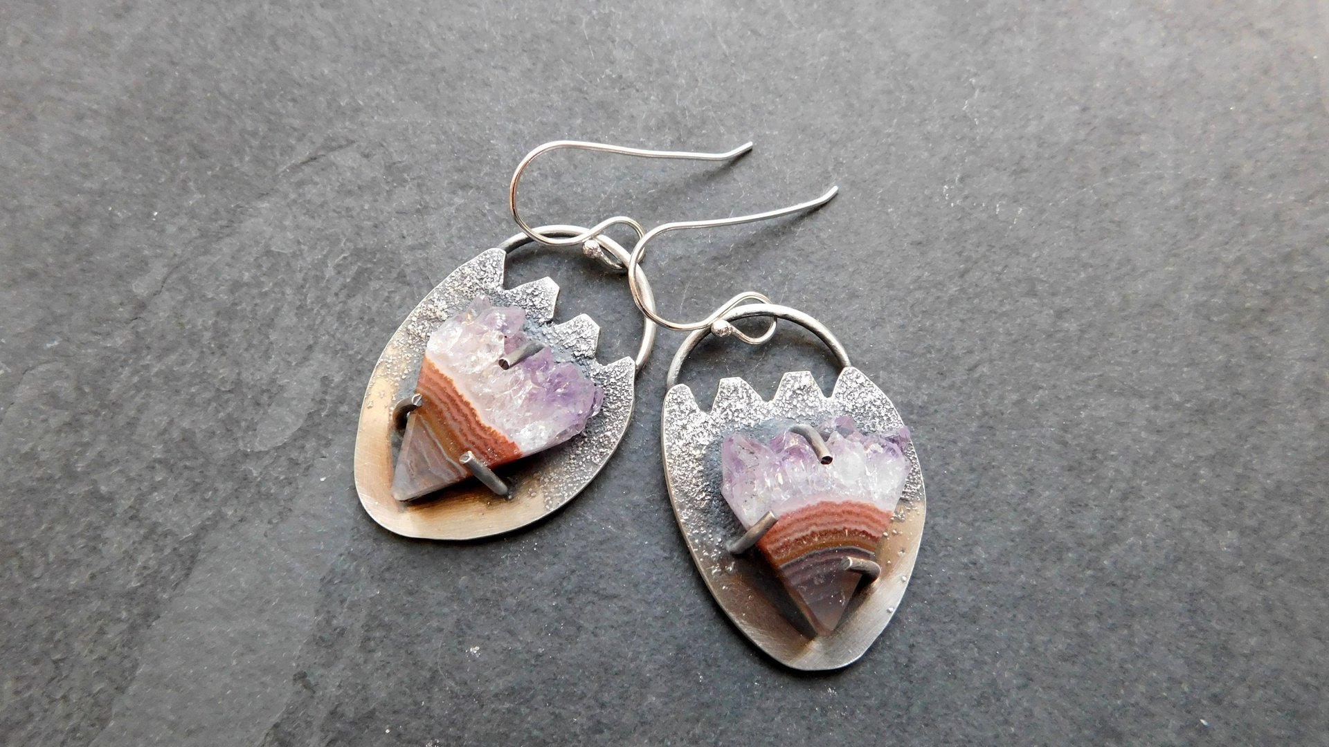 Amethyst Slice Raw Mineral Sterling Silver Boho Earrings, Natural Amethyst Crystal Dangles