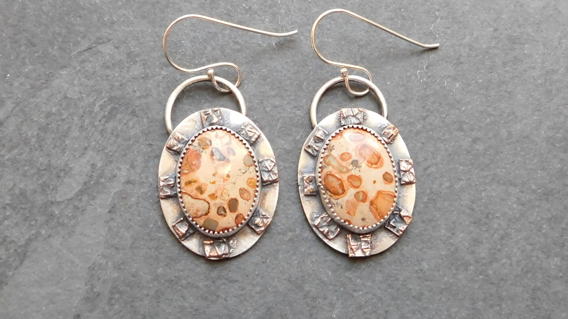 Leopard Skin Jasper Sterling Bronze Earrings, Mixed Metal Earth Tone Stone Dangles