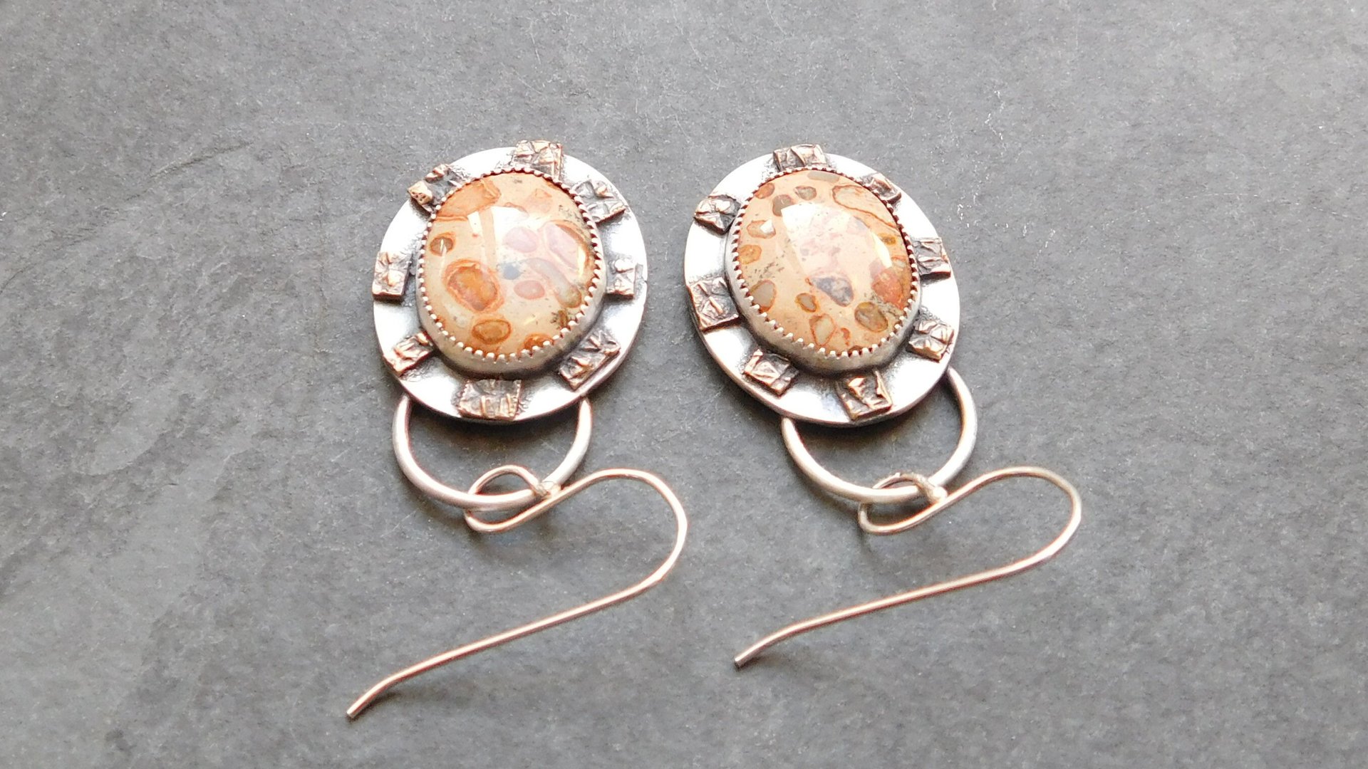 Leopard Skin Jasper Sterling Bronze Earrings, Mixed Metal Earth Tone Stone Dangles