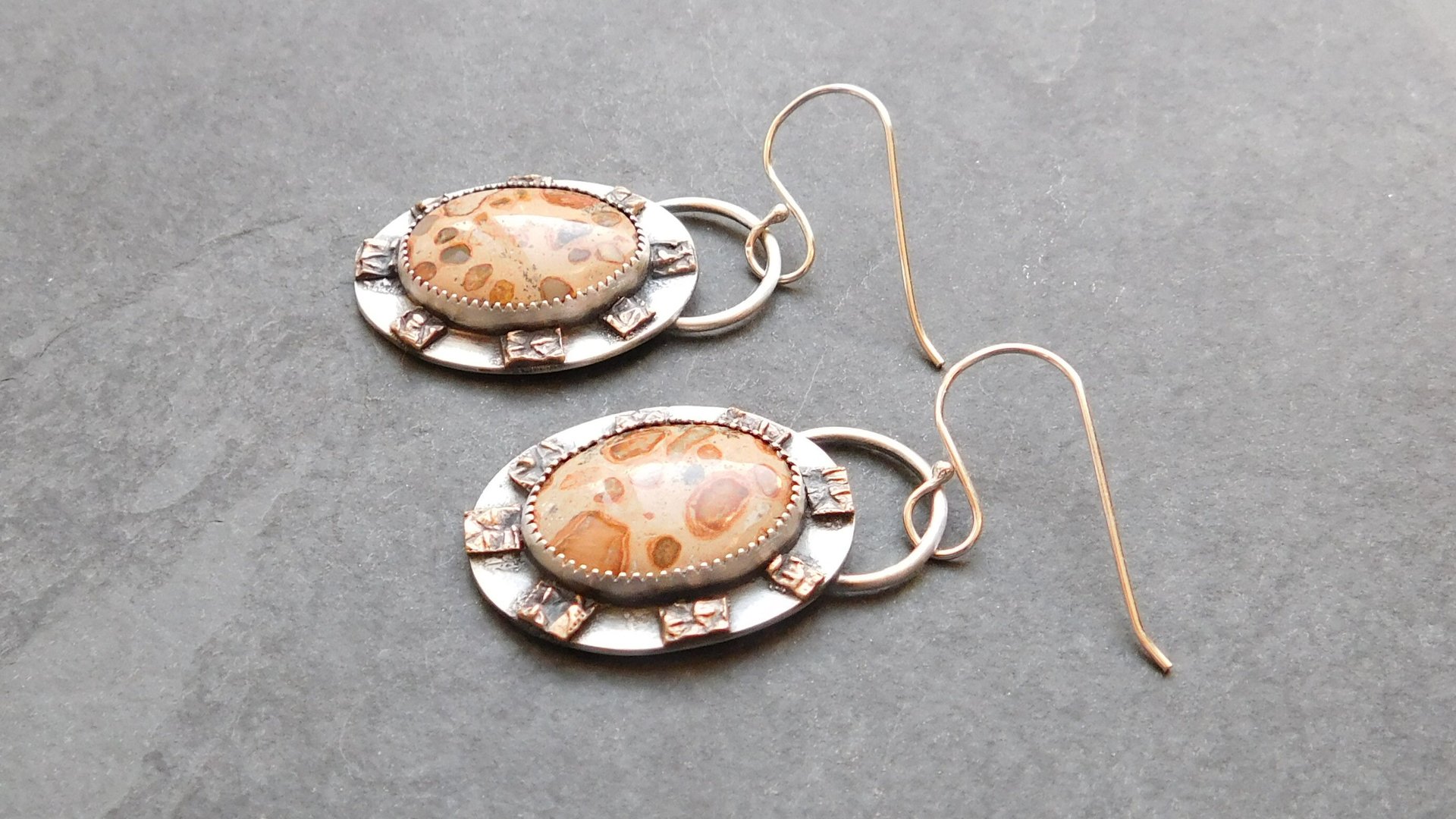 Leopard Skin Jasper Sterling Bronze Earrings, Mixed Metal Earth Tone Stone Dangles