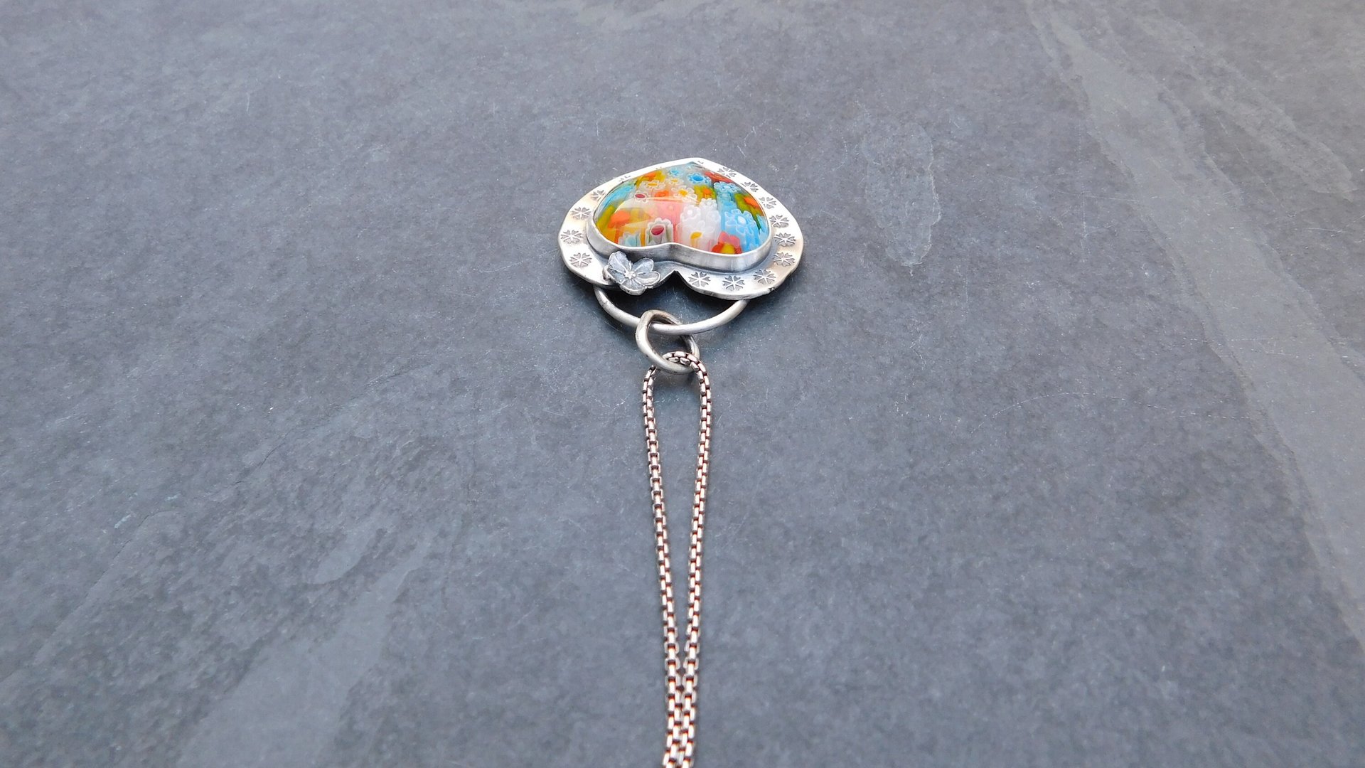 Millefiori Glass Heart Sterling Silver Stamped Pendant, Multi Color Flower Heart Necklace