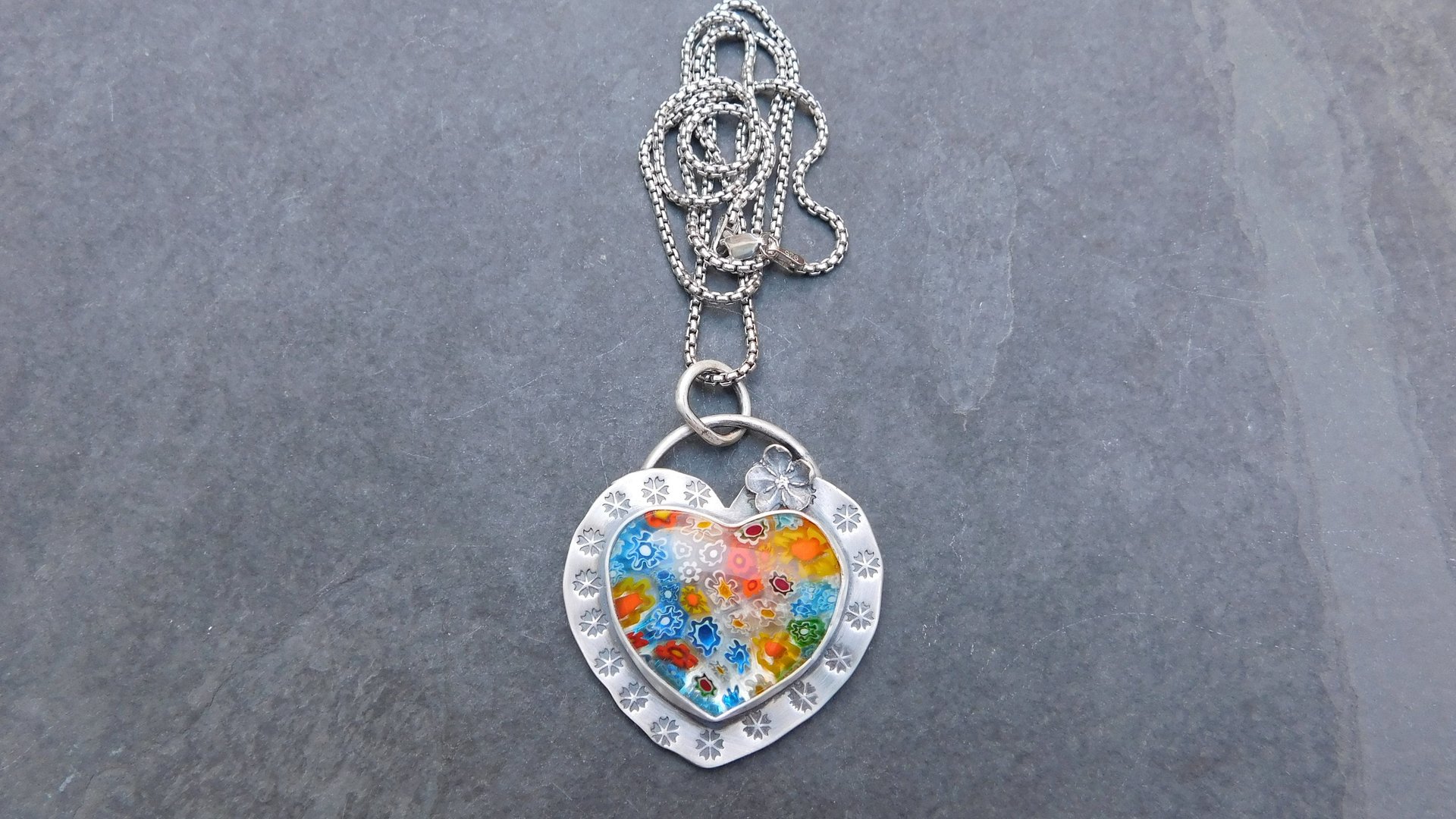 Millefiori Glass Heart Sterling Silver Stamped Pendant, Multi Color Flower Heart Necklace