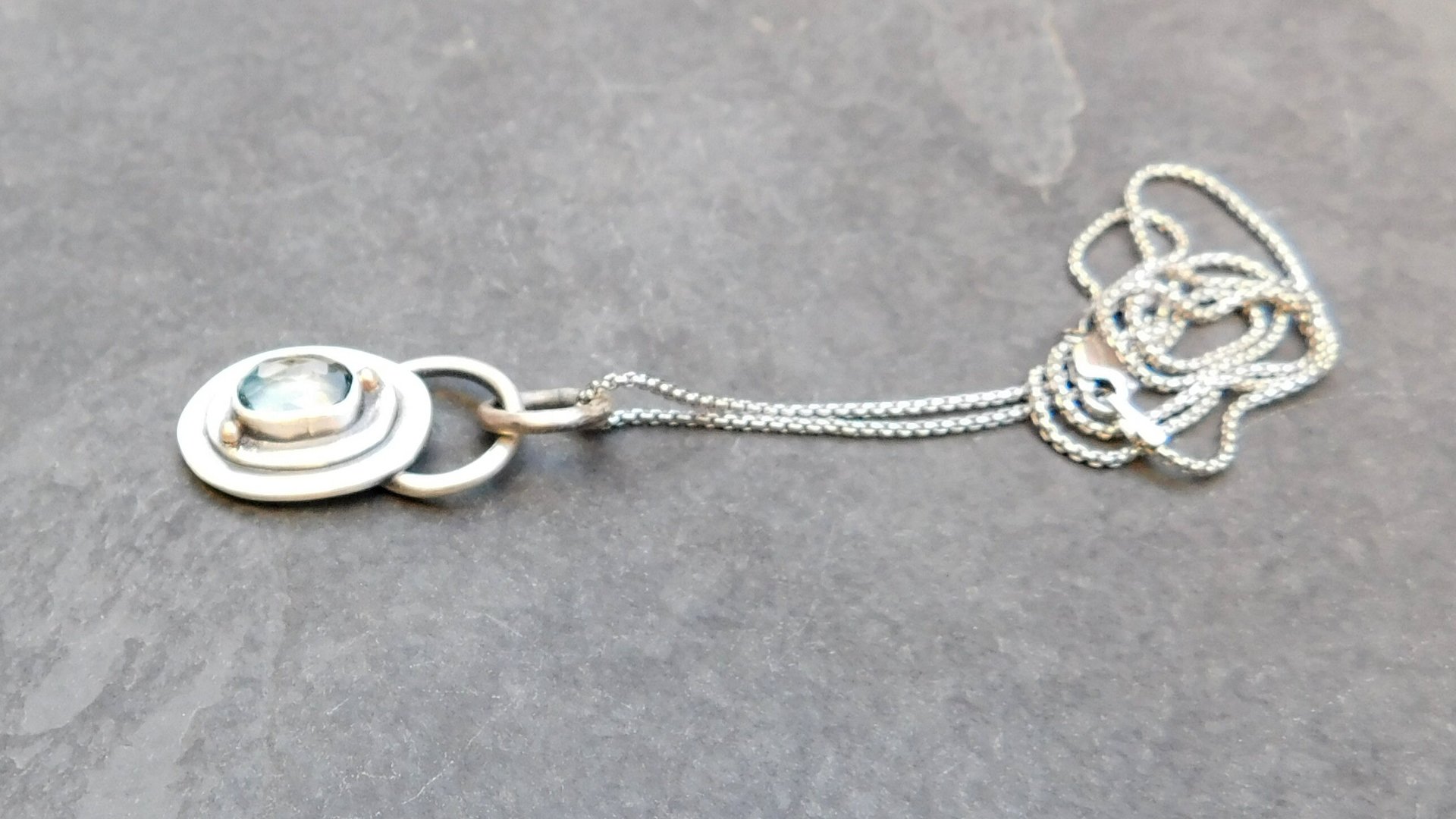 London Blue Topaz Sterling Silver 14k Gold Small Minimalist Pendant, London Blue Topaz Mixed Metal Necklace, Everyday Jewelry