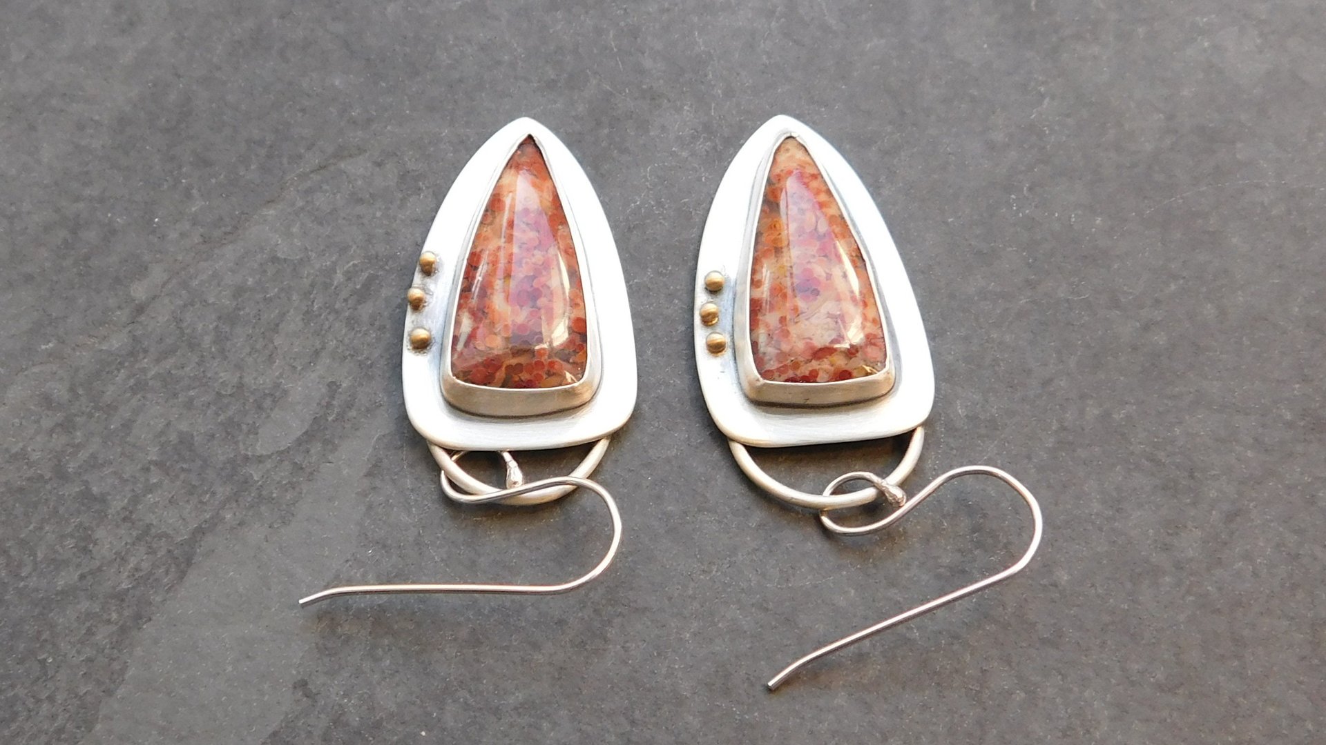 Petrified Fern Fall Color Stone Sterling Silver 14k Gold Earrings, Mixed Metal Orange Red Stone Dangles