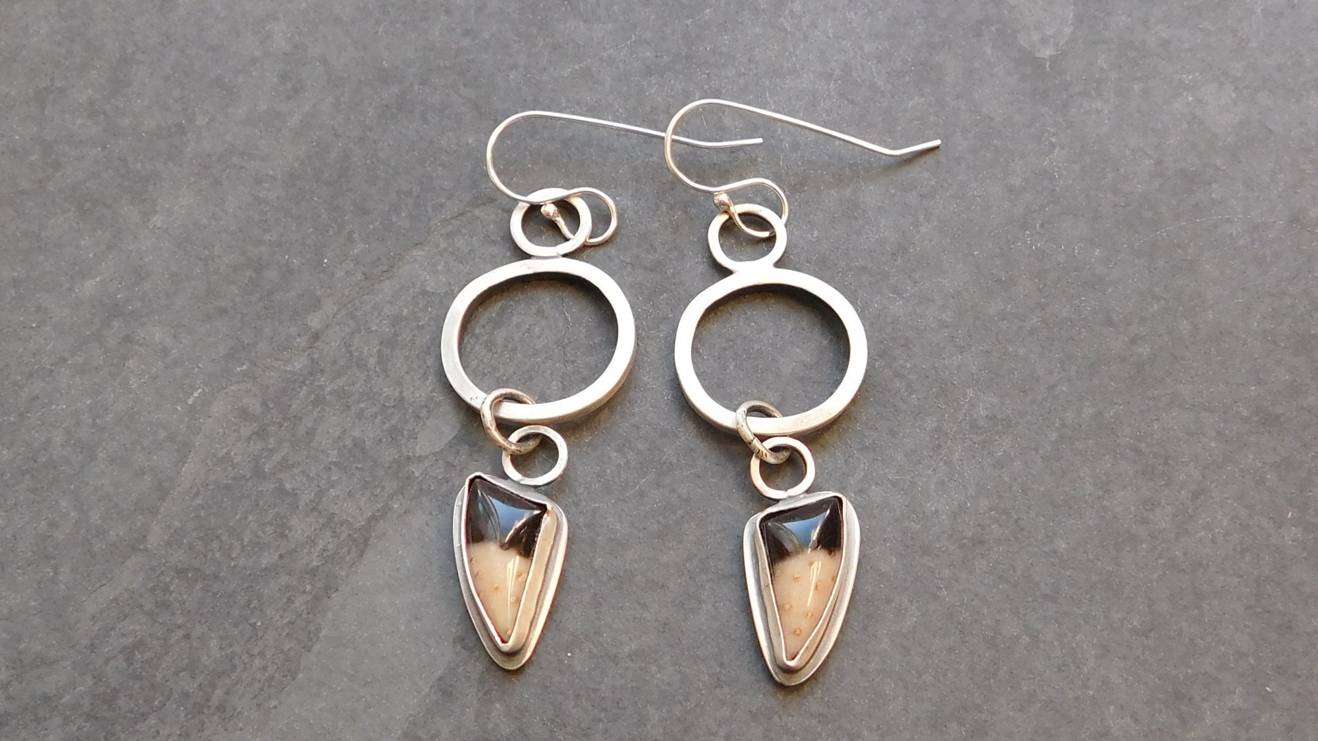 Petrified Fern Mod Hoop Sterling Silver Earrings, Black Tan Stone Dangle Hoops