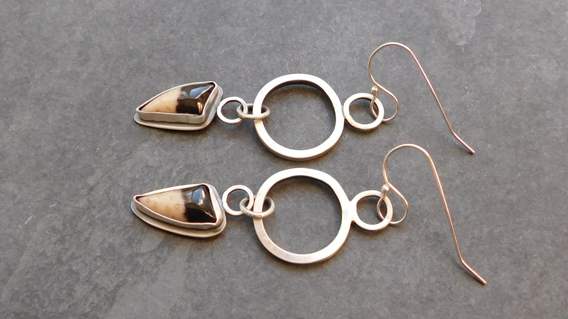 Petrified Fern Mod Hoop Sterling Silver Earrings, Black Tan Stone Dangle Hoops