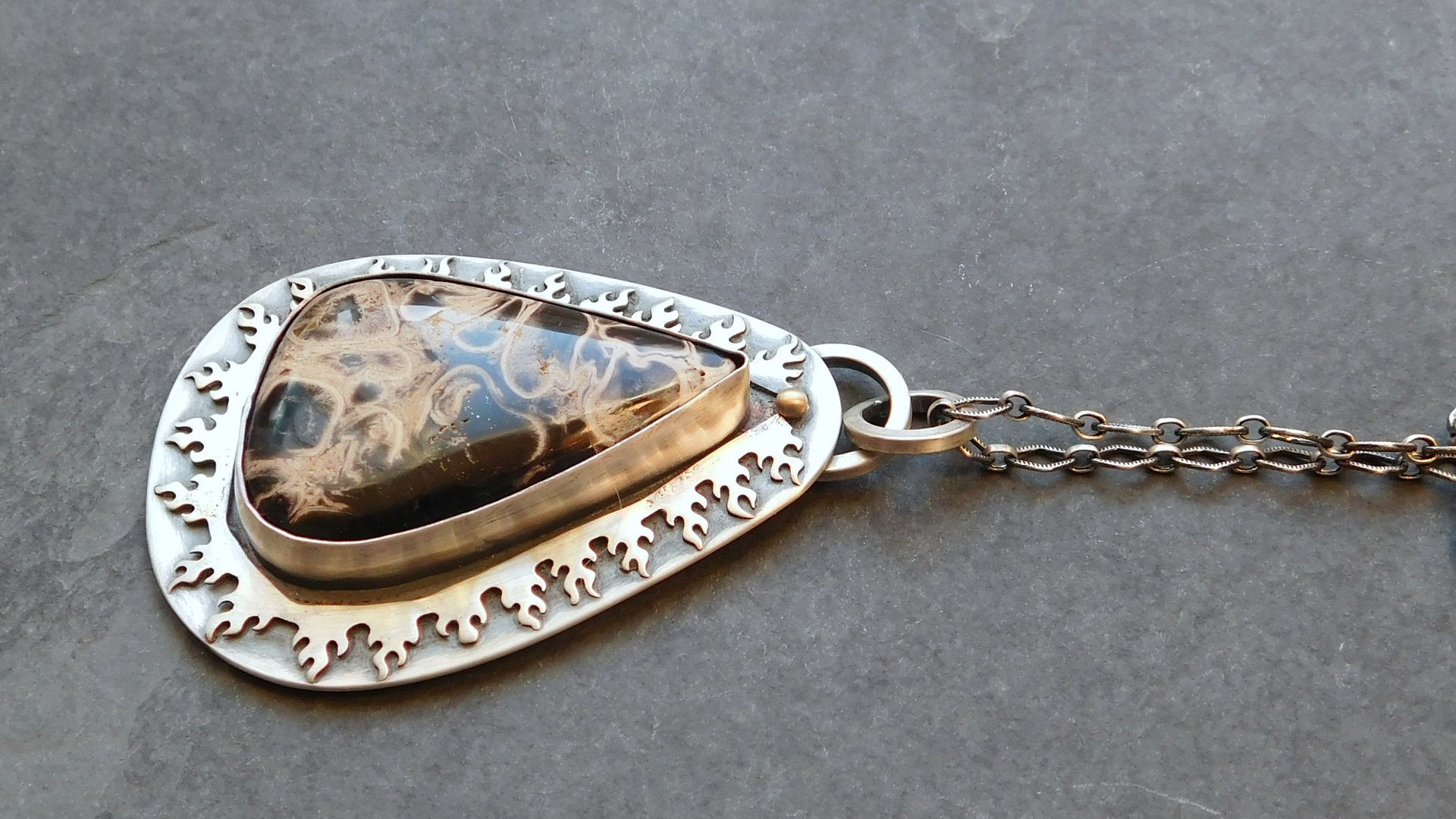 Petrified Palm Wood Black Gold Stone Sterling Silver Flame Pendant, Fire Pattern Mixed Metal Modernist Necklace