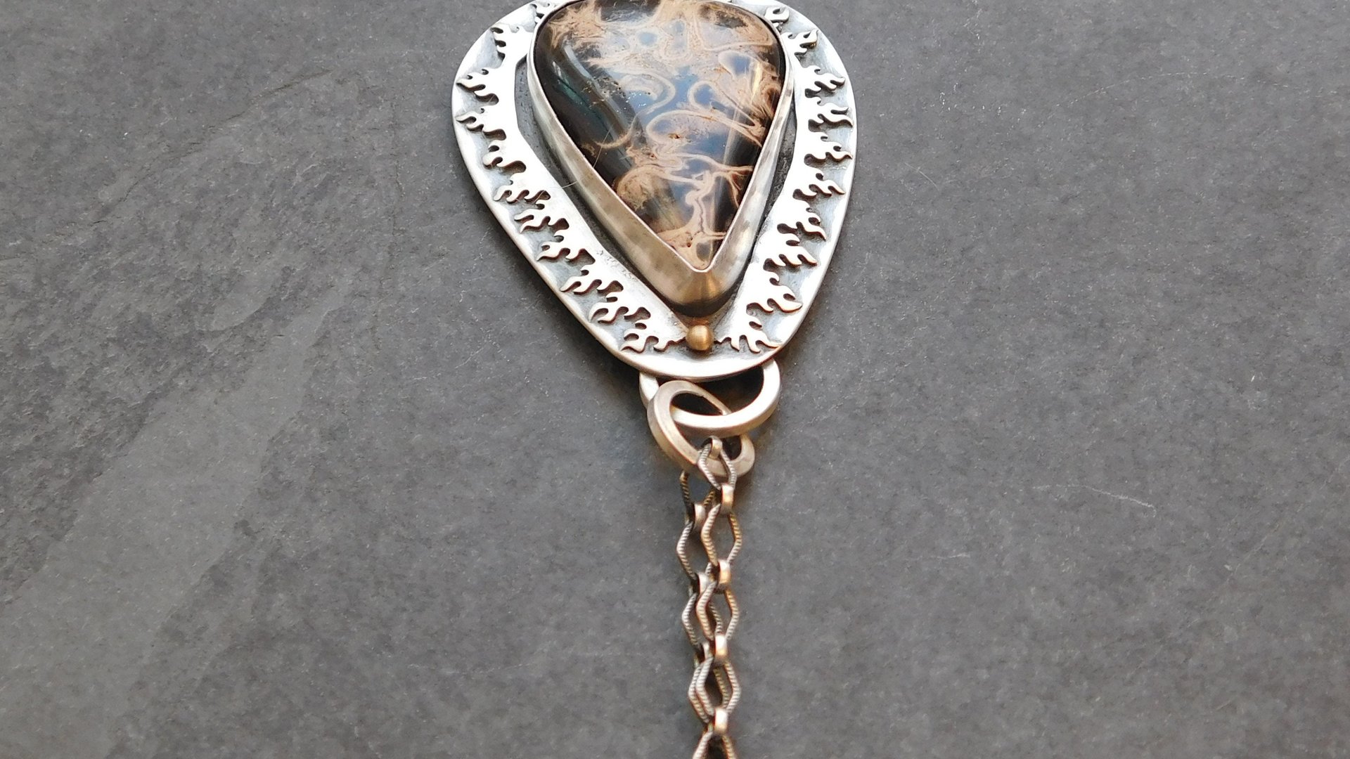 Petrified Palm Wood Black Gold Stone Sterling Silver Flame Pendant, Fire Pattern Mixed Metal Modernist Necklace