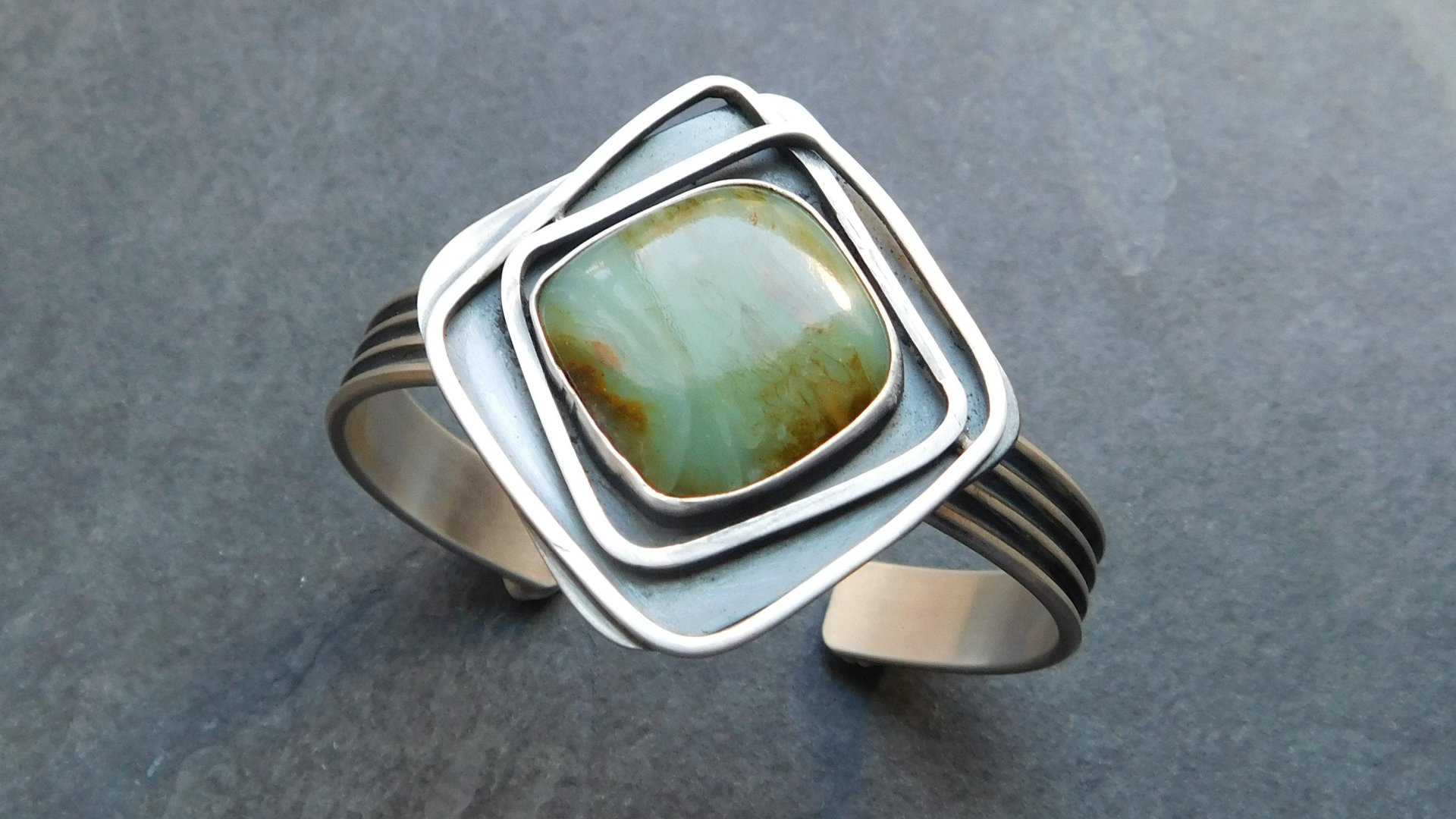 Peruvian Blue Opal Statement Cuff, Oxidized Sterling Silver, Geometric Wire Stone Bracelet