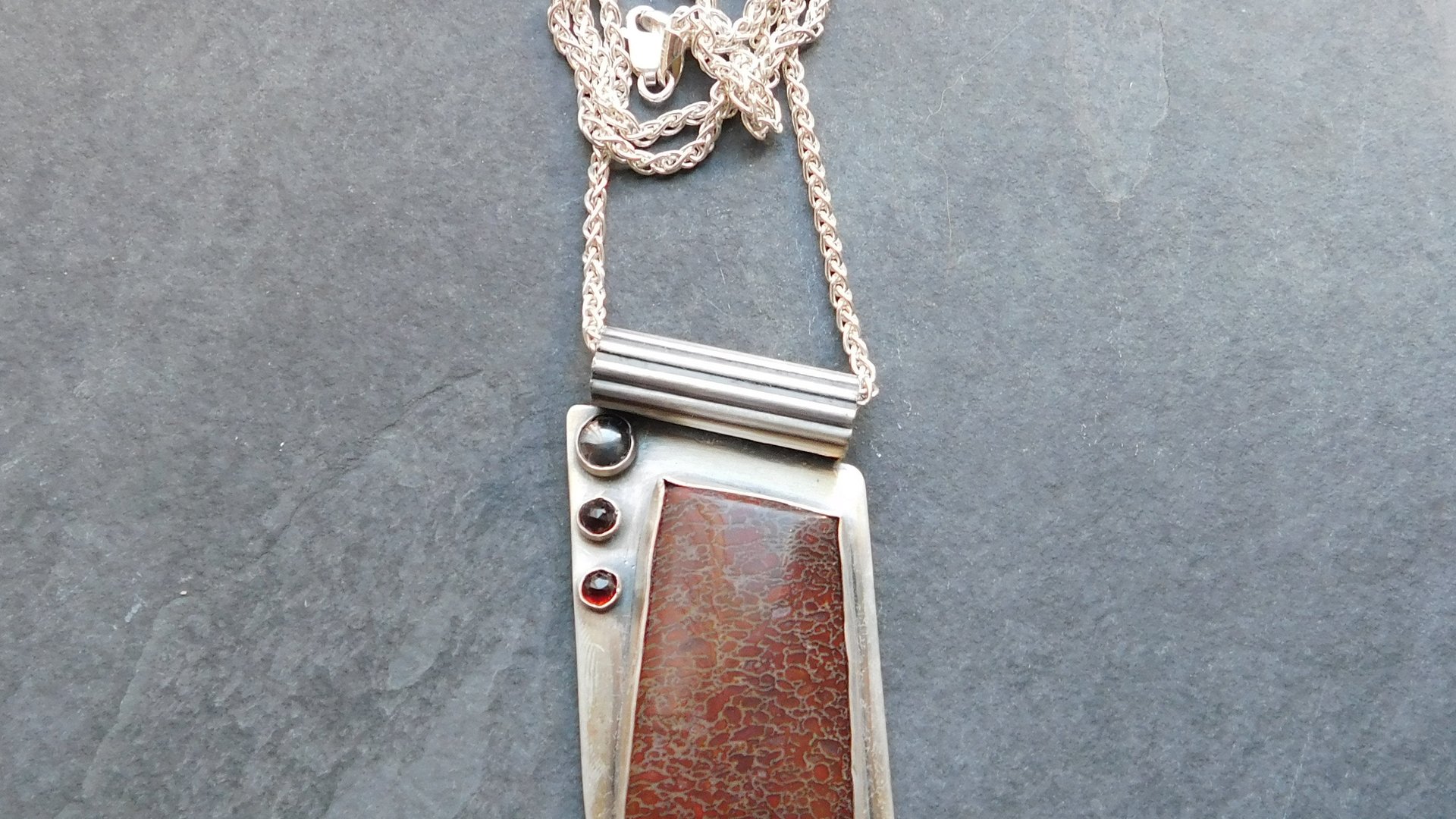 Dinosaur Bone Garnet Hematite Pendant, Oxidized Sterling Silver, Multi Stone Necklace, Modernist Industrial Stone Pendant