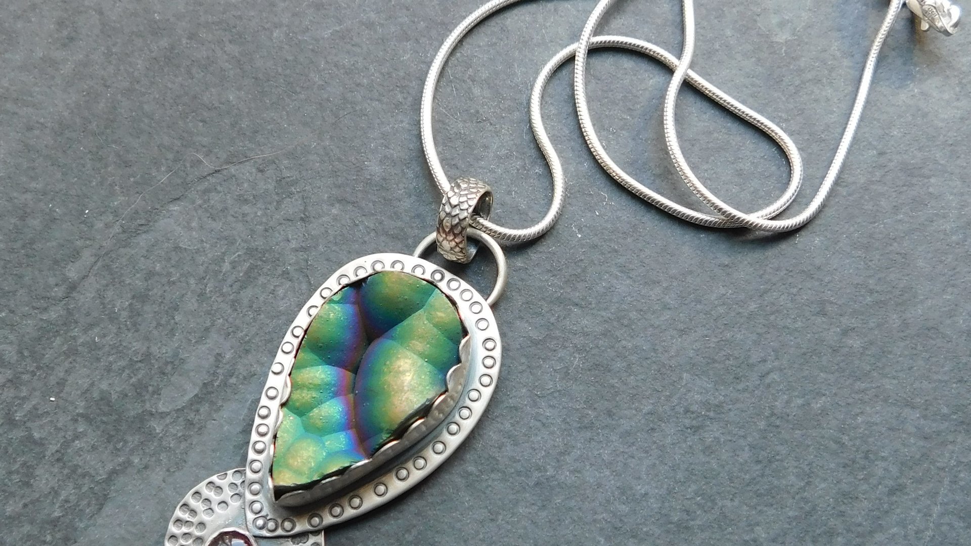 Botryoidal Agate Pink Tourmaline Multi Stone Pendant, Oxidized Sterling Silver, Neon Colors, Pink Green Stones, Hand Stamped